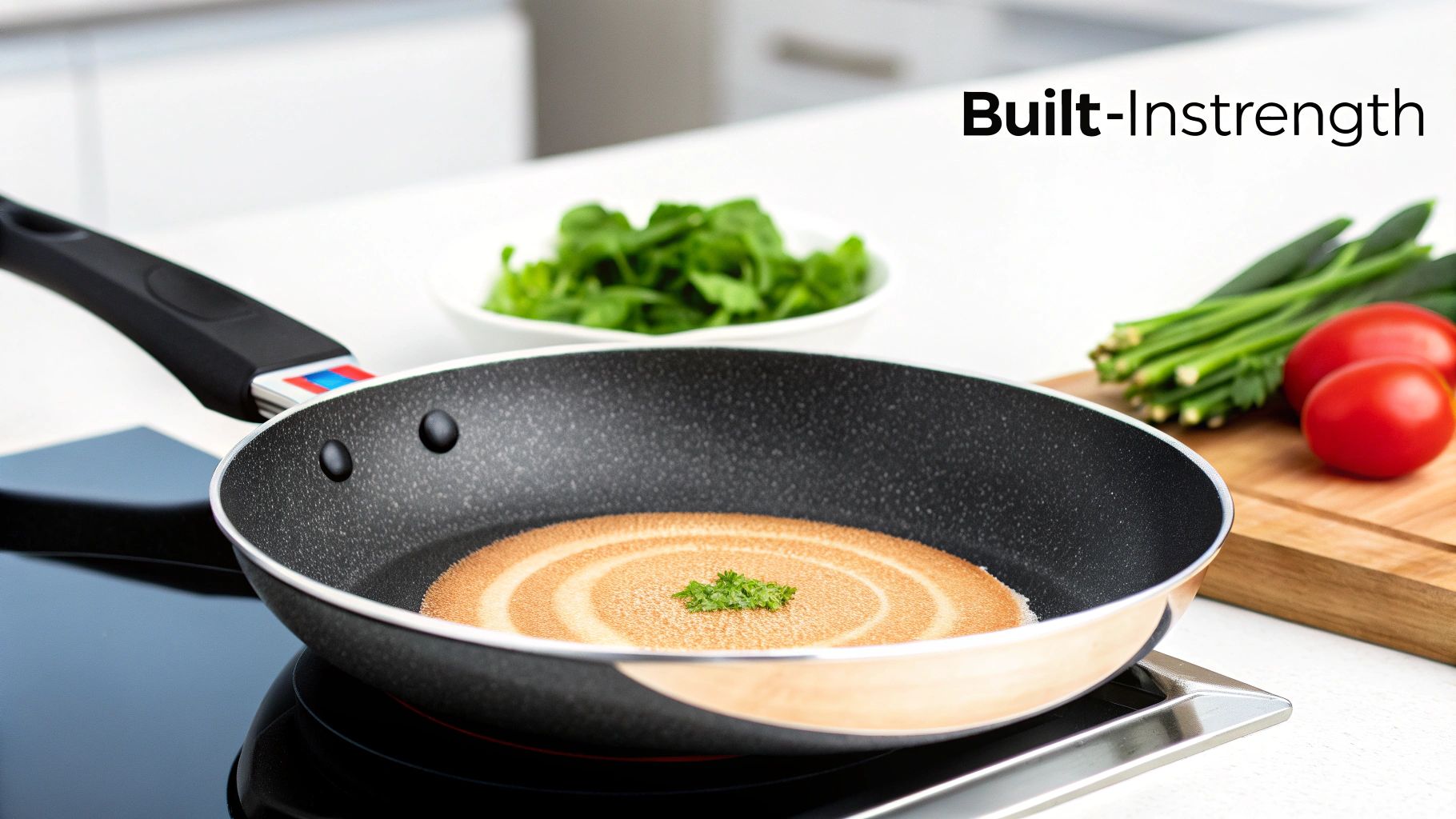 A chef using a titanium non stick frying pan to cook eggs, showcasing its effectiveness