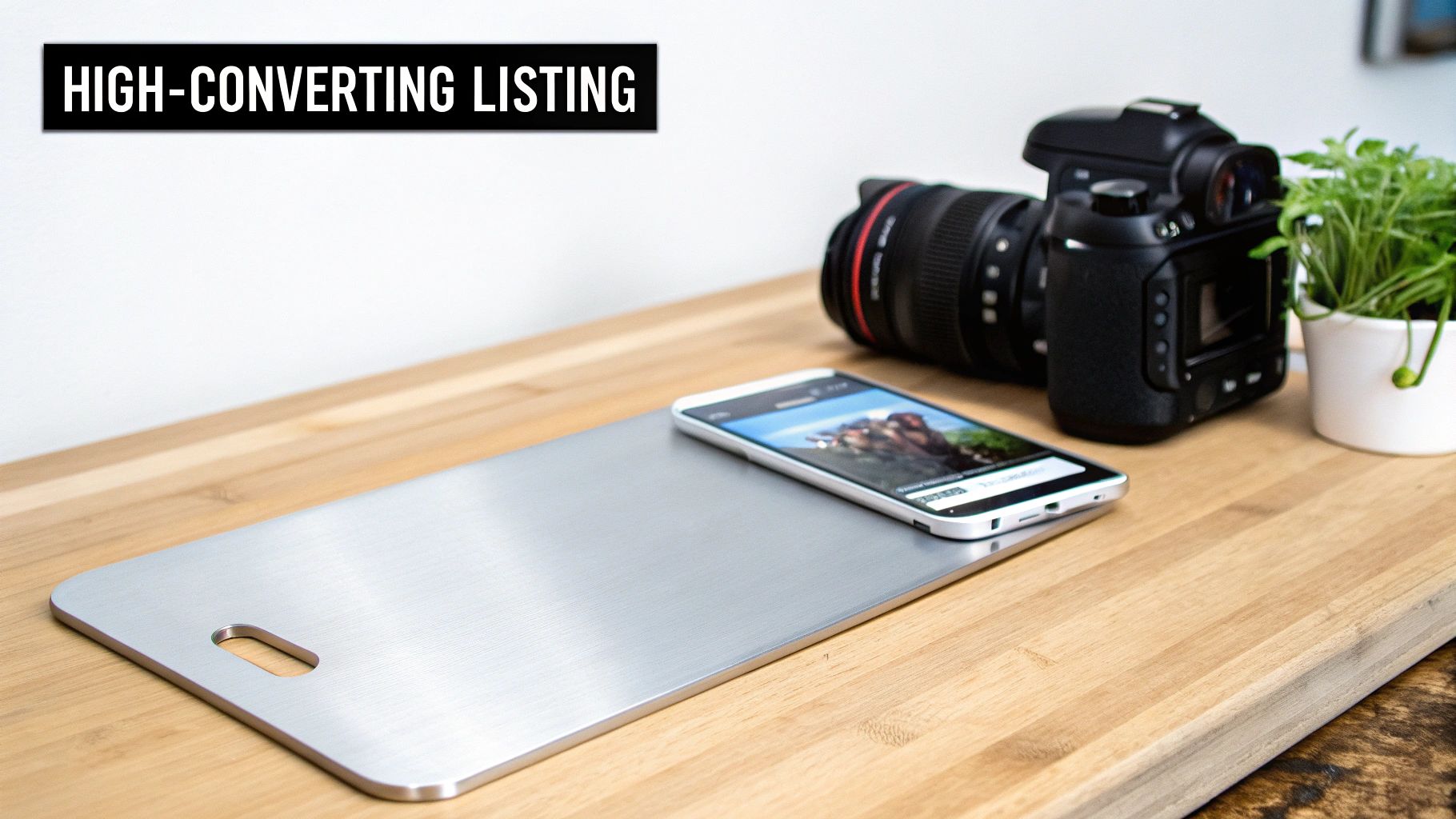 A DSLR camera, smartphone showing an image, and silver board on a wooden desk, emphasizing high-converting listings.