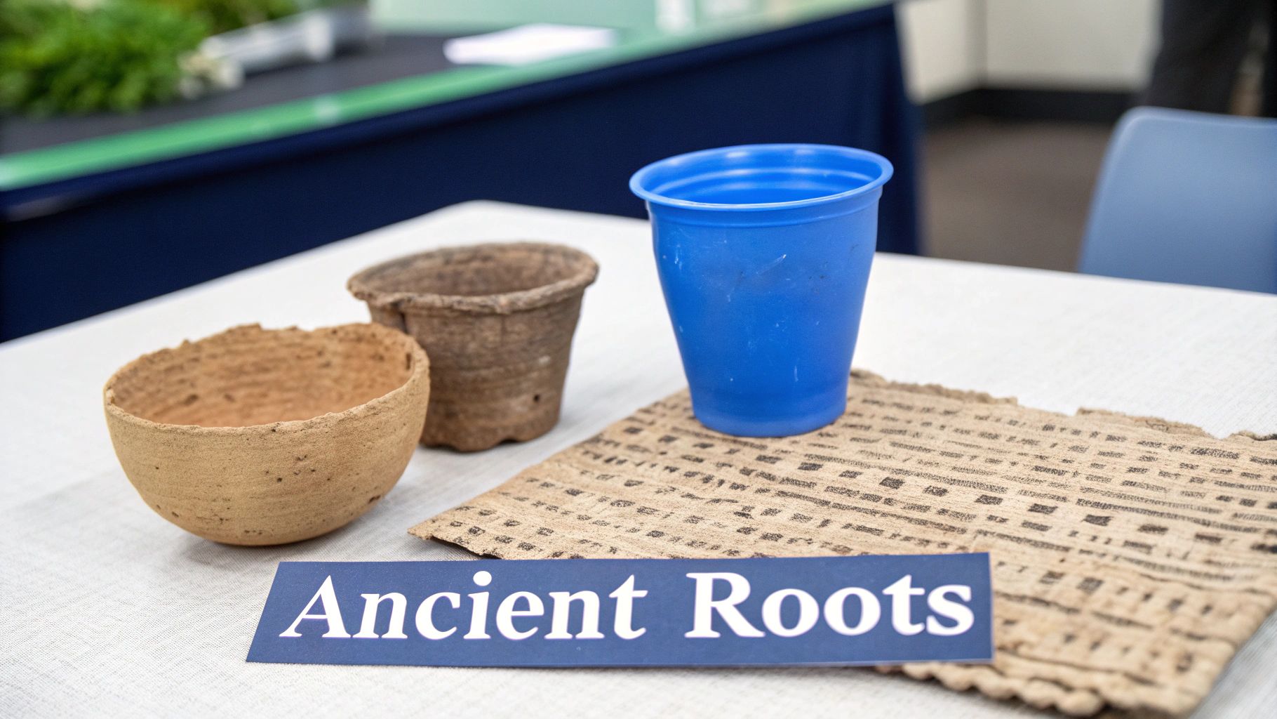 A display on a table features a blue plastic cup, two earthy pots, and an 'Ancient Roots' sign.