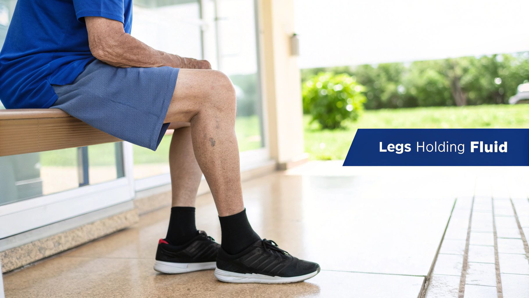 An elderly person sits on a bench, their legs displaying visible signs of fluid retention.