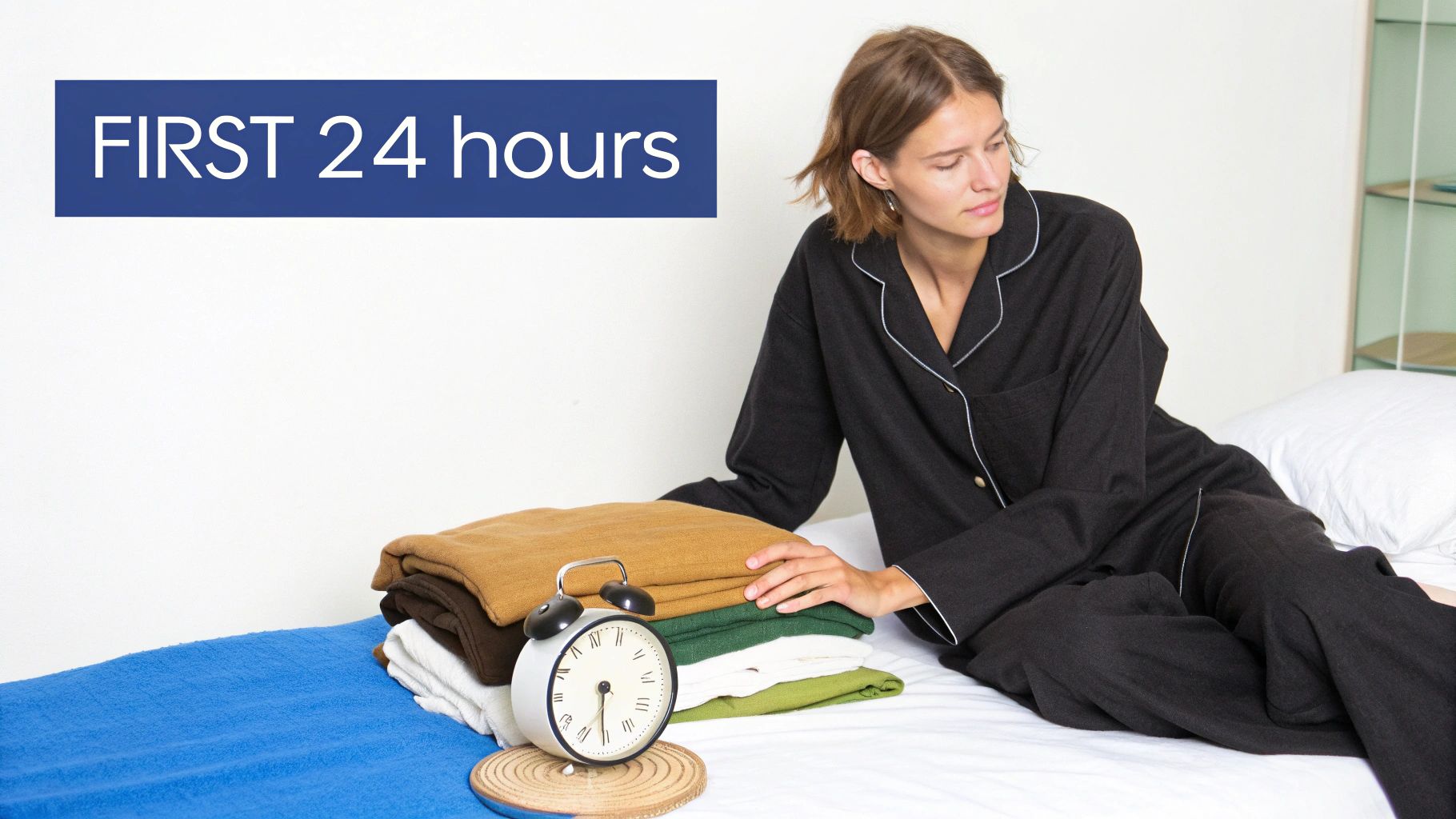 A woman in black pajamas sits on a bed with folded clothes, an alarm clock, and a 'FIRST 24 hours' banner.