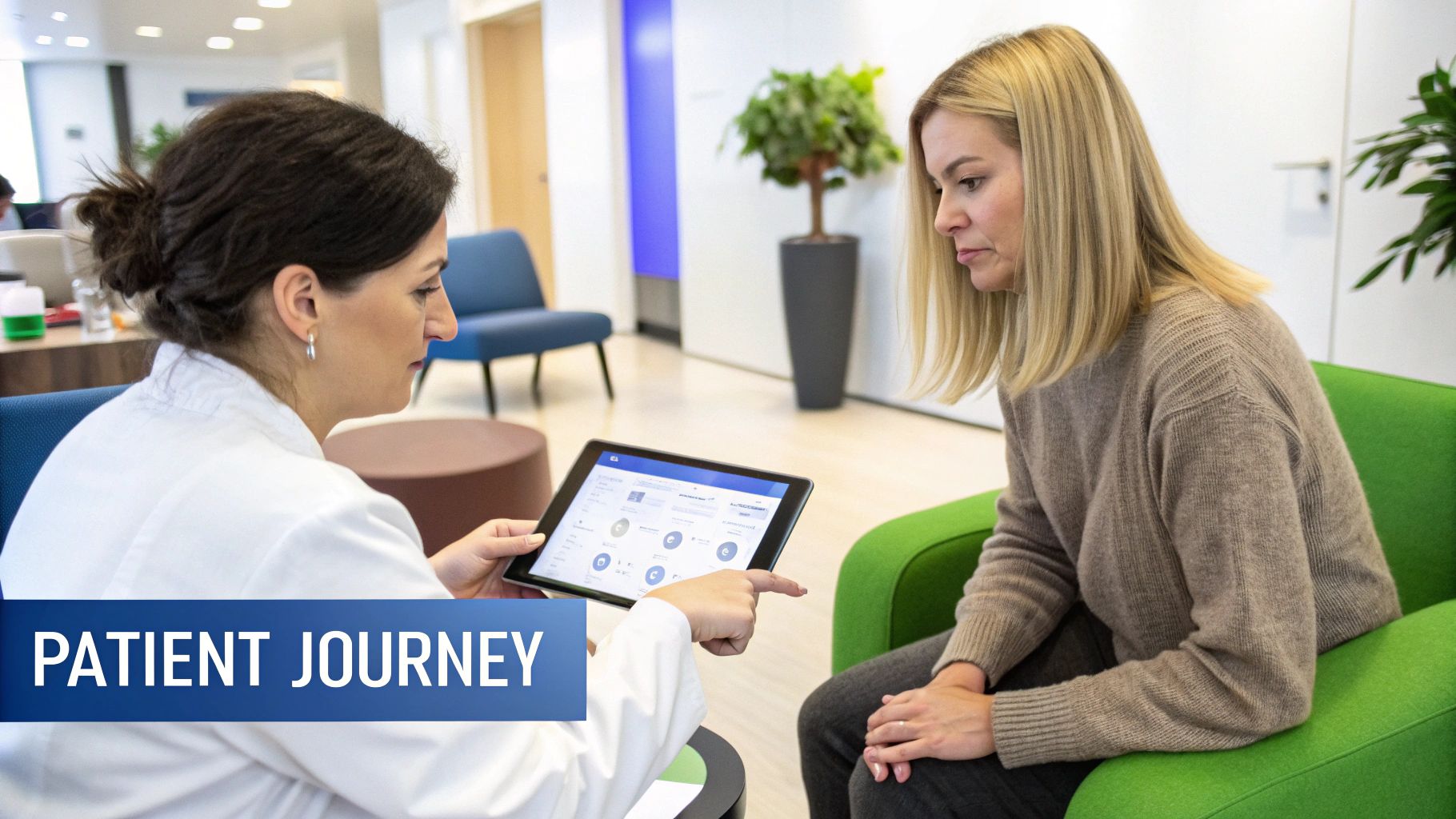 A doctor in a white coat shows patient data on a tablet to a female patient.
