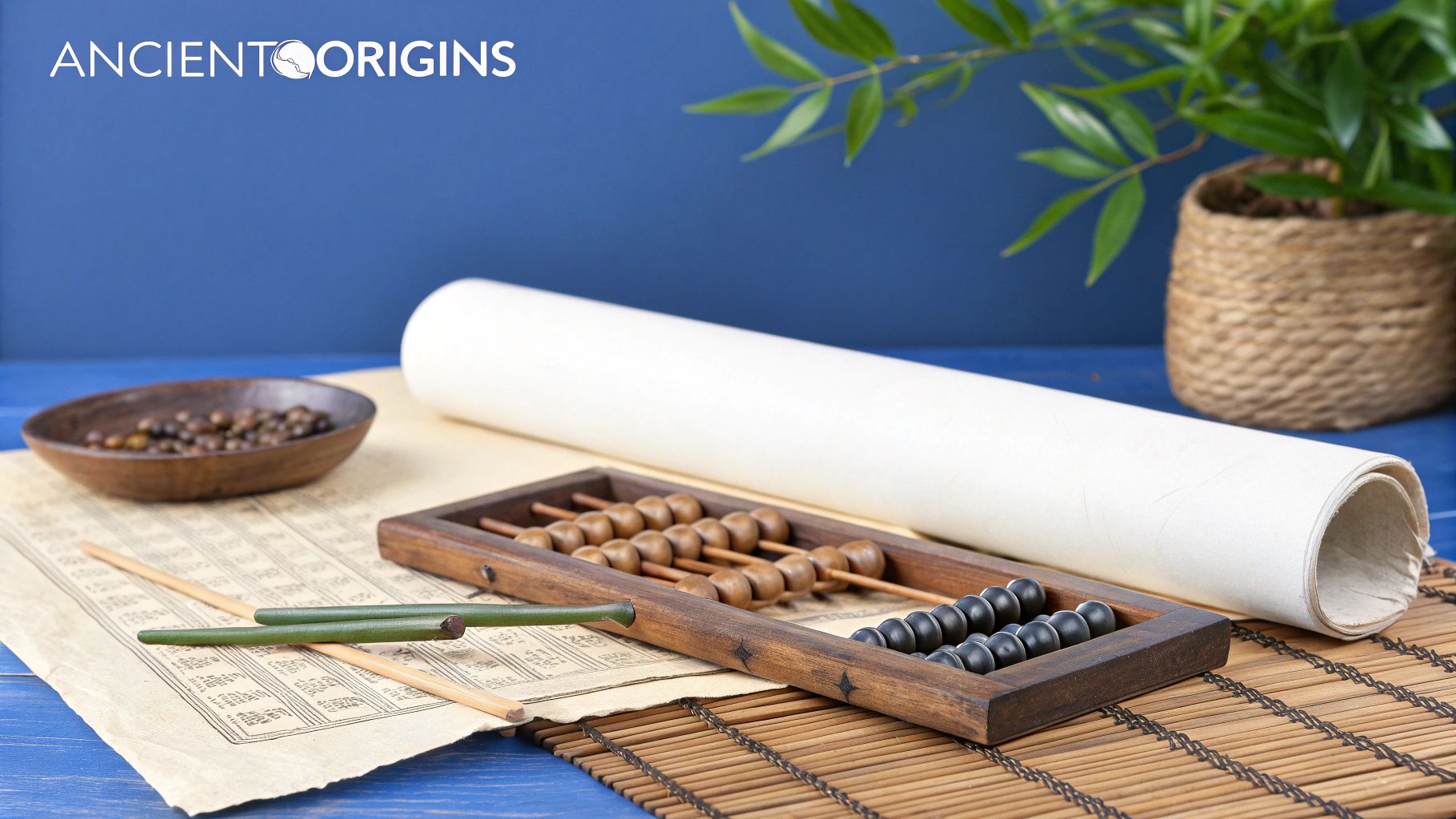 A vintage abacus, counting rods, a scroll, and beads on patterned paper with a plant.