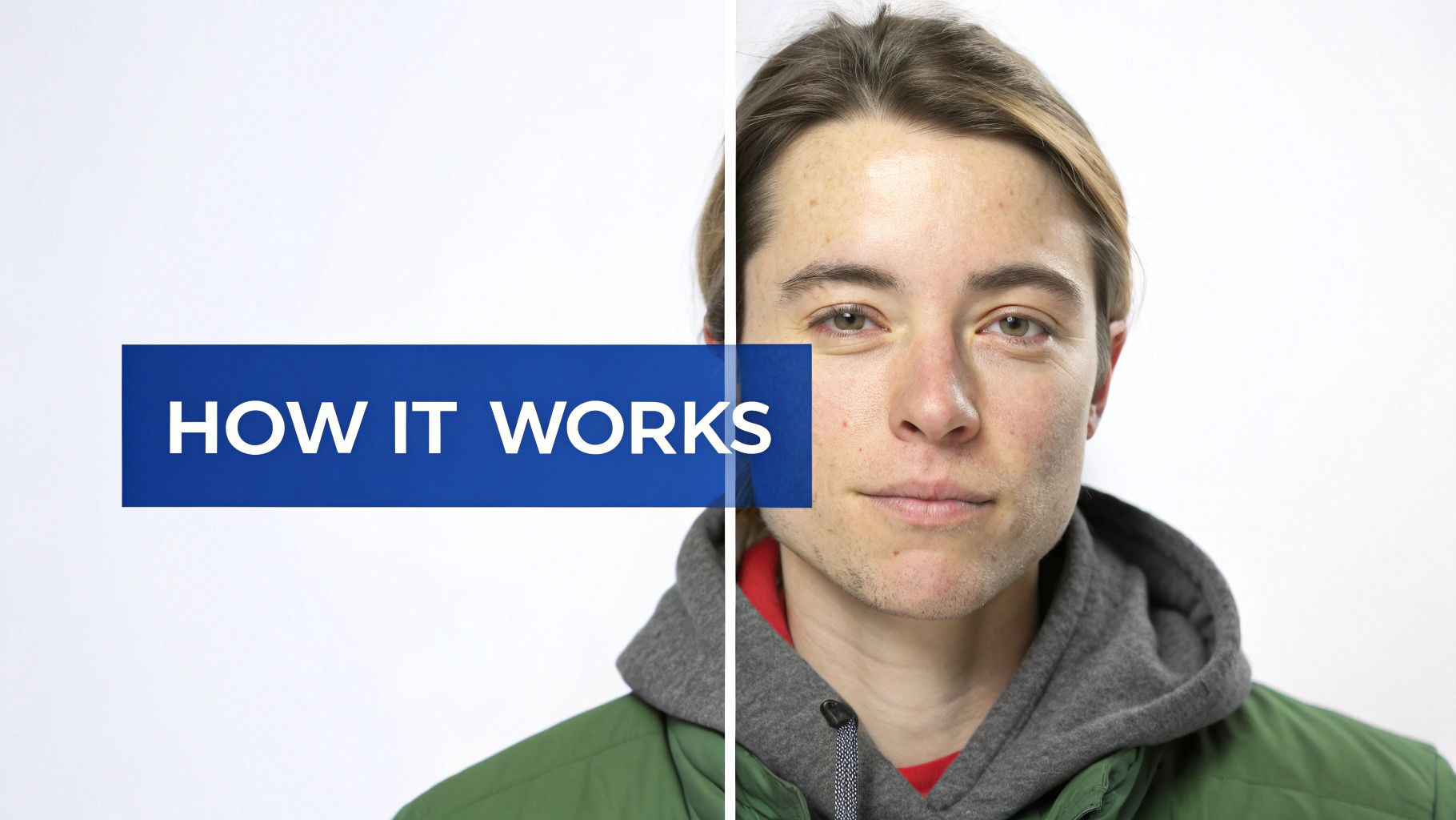 Person's face in a split image with 'HOW IT WORKS' text on a prominent blue banner.