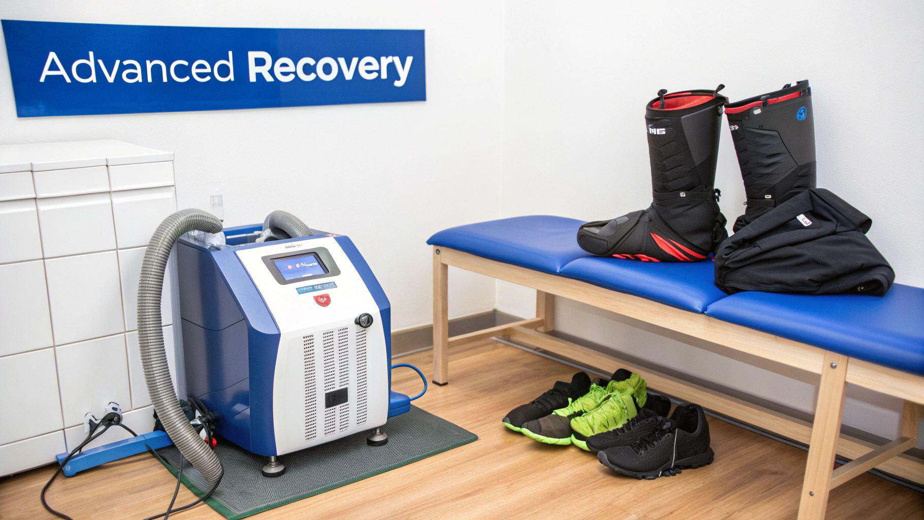 Advanced recovery room with cryotherapy machine, compression boots, and athletic footwear for sports rehabilitation.