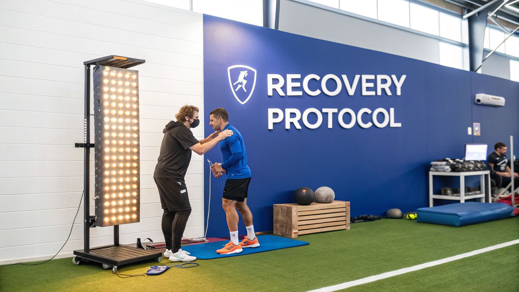 Two men in a gym, an athlete being assisted by a trainer near a red light therapy panel.