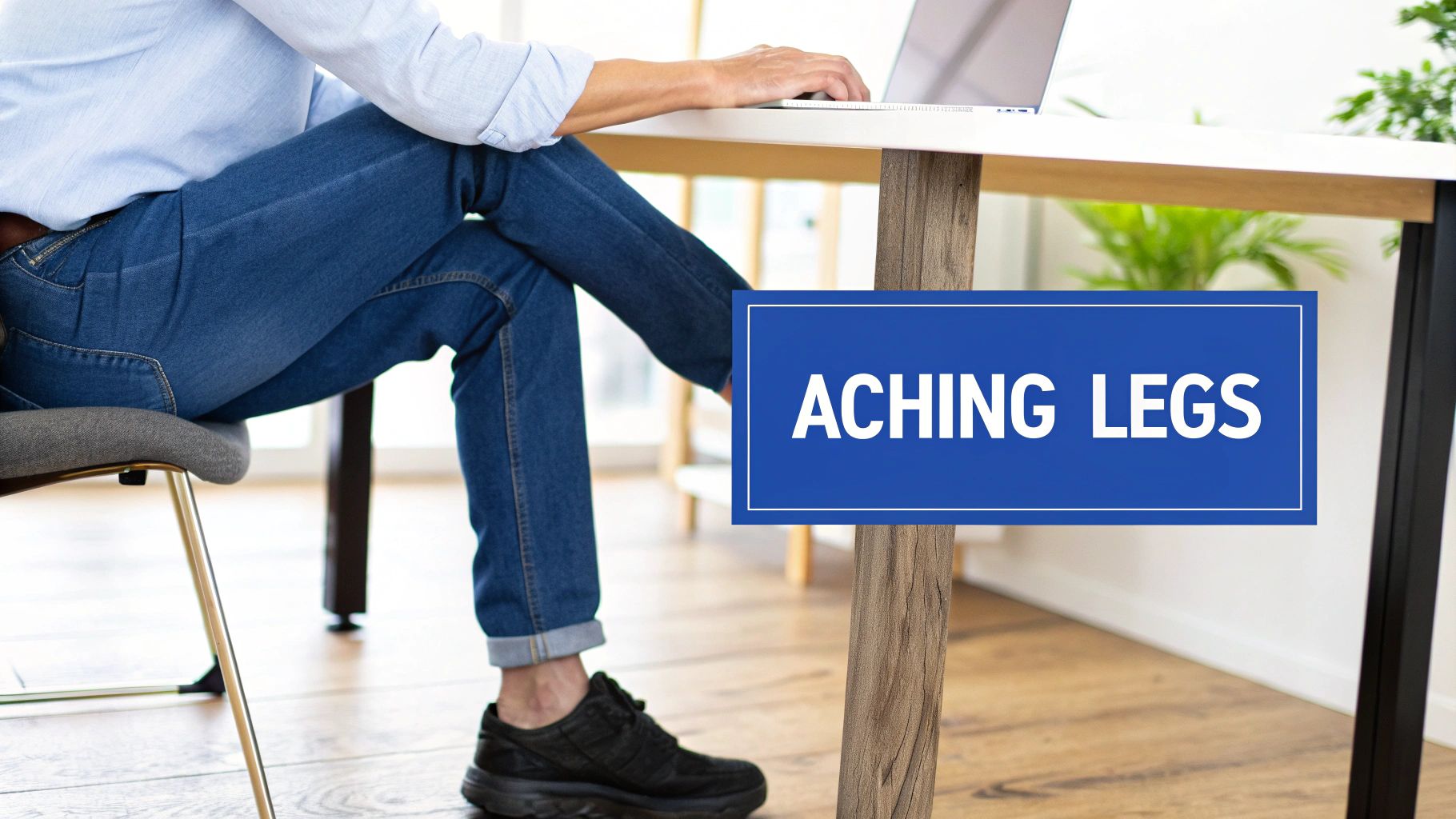 Person sitting at a desk with crossed legs, using a laptop, showing a text box 'ACHING LEGS'.