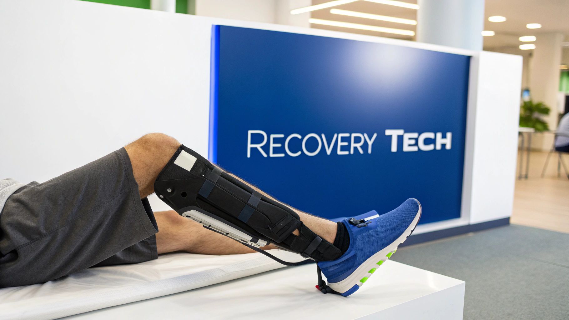 A person lies with a black leg brace and blue shoe, next to a 'RECOVERY TECH' sign.