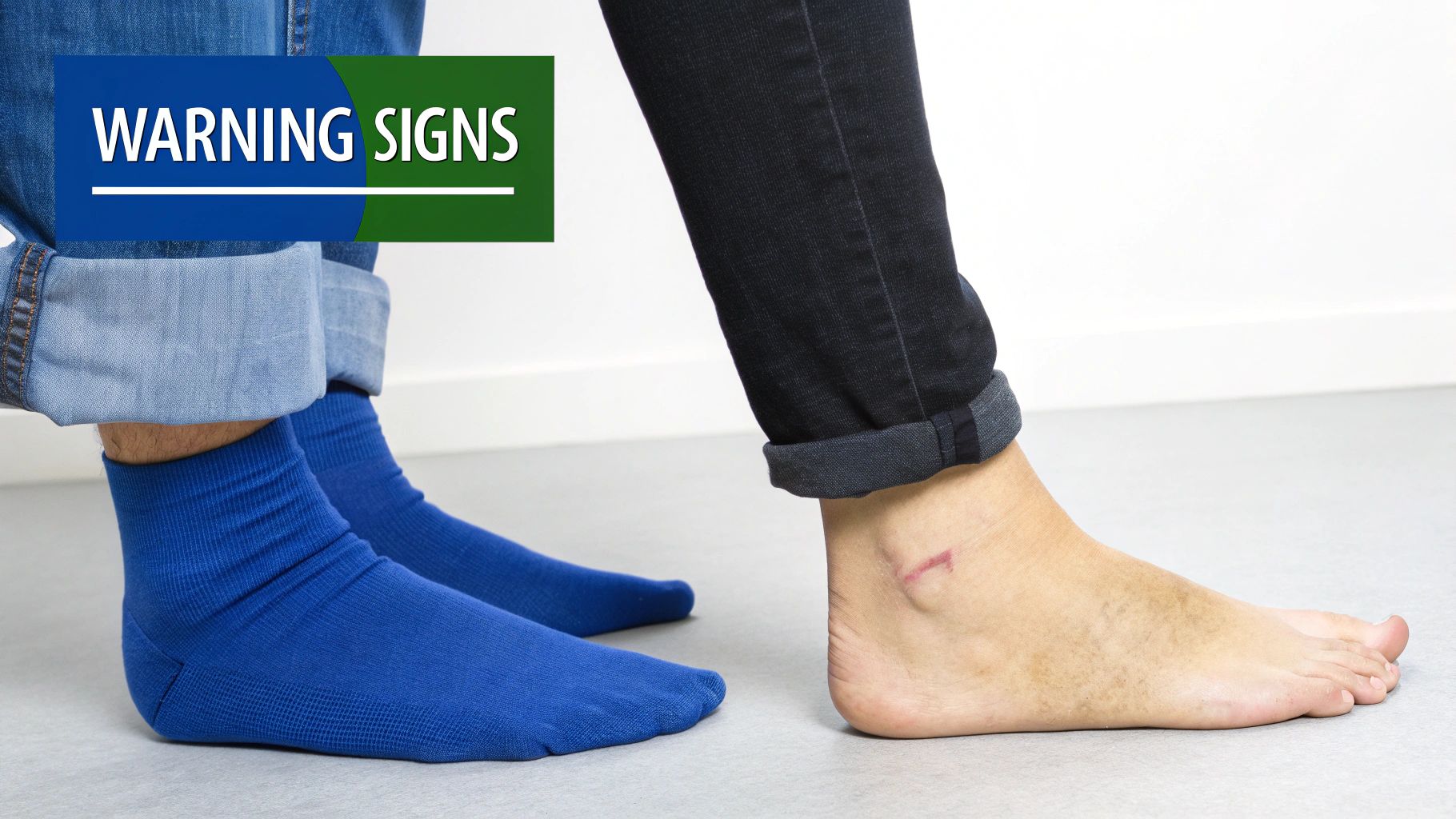 A close-up of two people's lower legs, one with blue socks and the other with a bare foot showing an ankle wound, with a 'WARNING SIGNS' overlay.