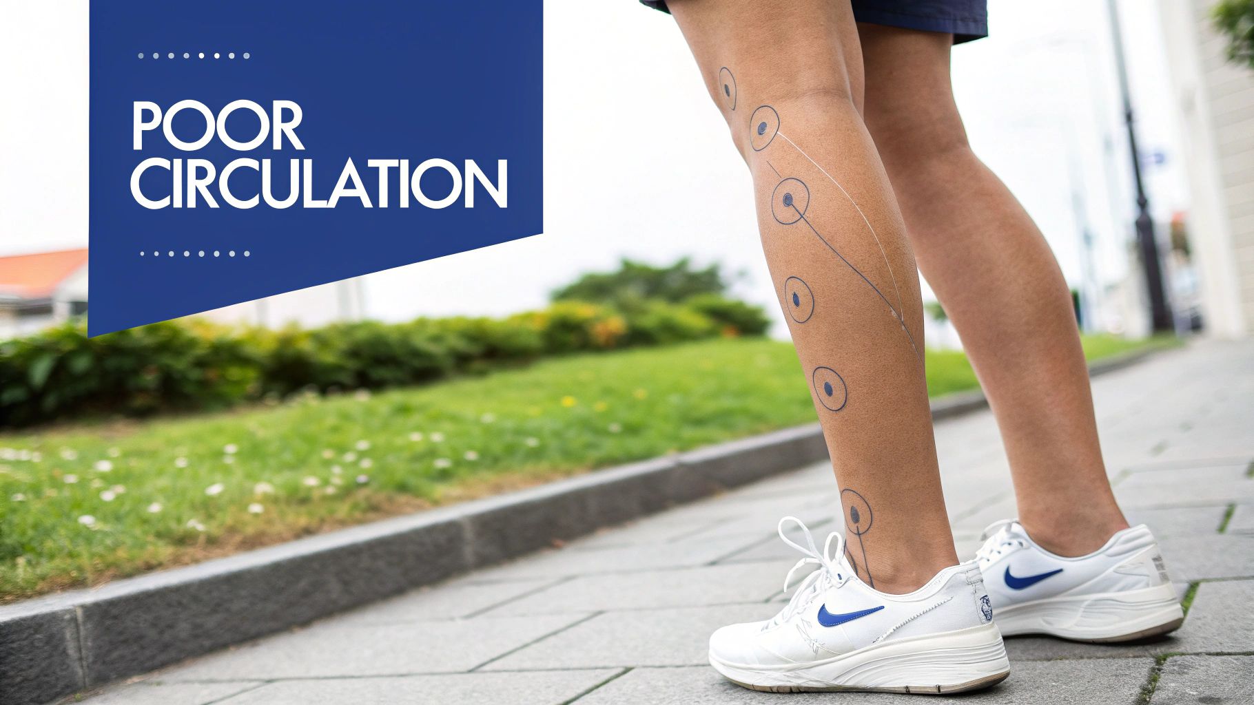 A person's legs with diagram-like markings, and a banner reading 'POOR CIRCULATION', on a sidewalk.