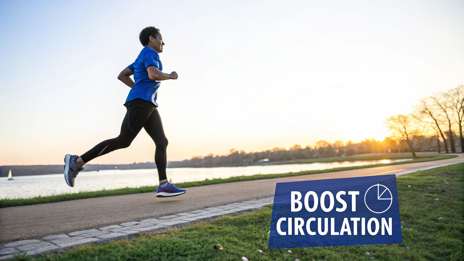 A man jogs by a lake at sunset, encouraging blood circulation.