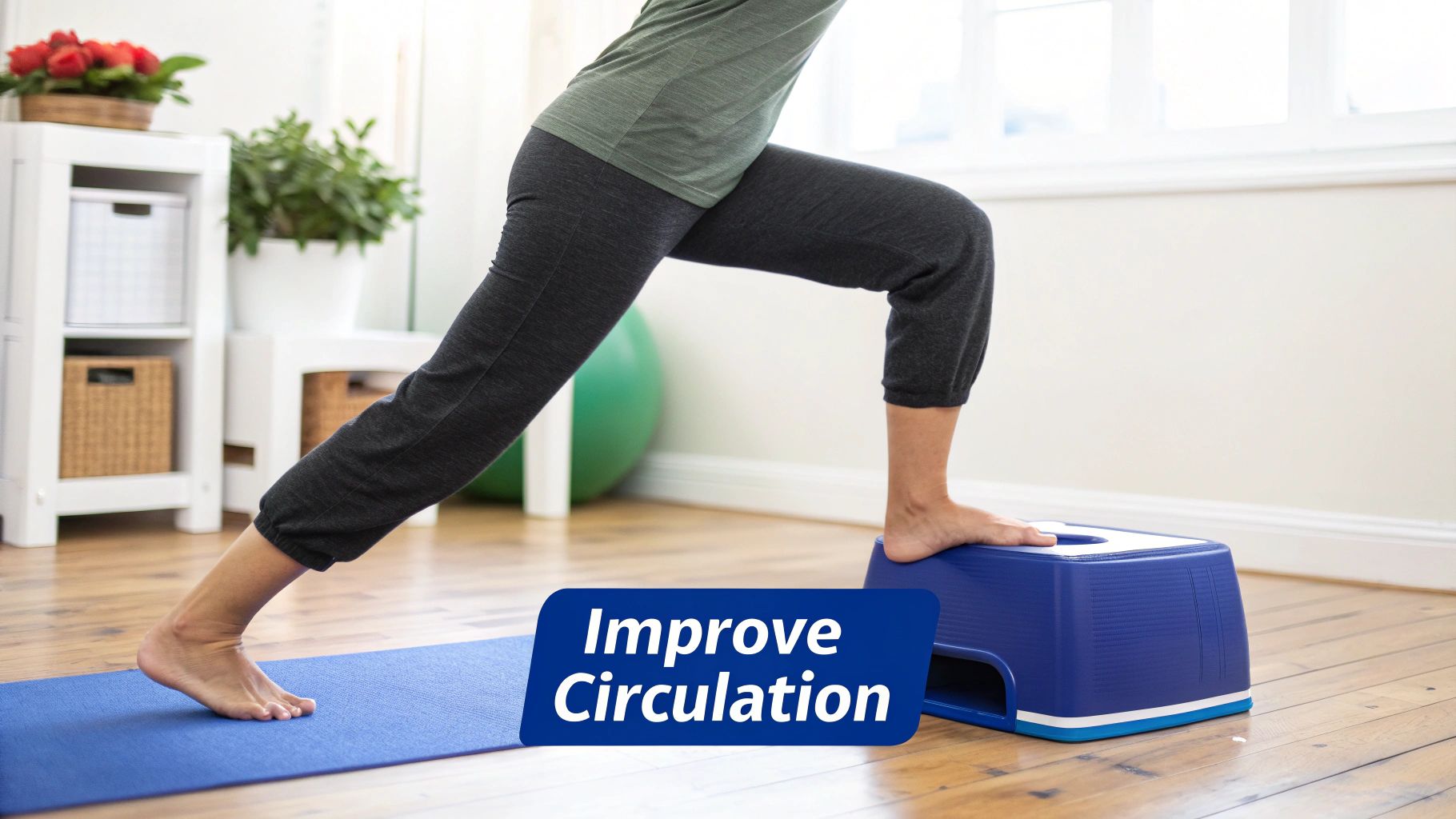 A person doing a lunge exercise with one foot on a blue step and the other on a yoga mat, improving circulation.