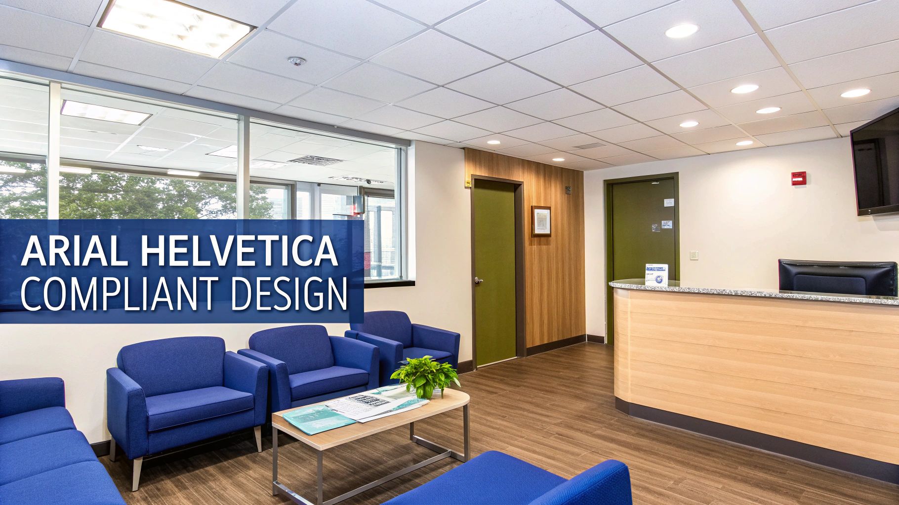 A clean and modern reception area with blue chairs, wooden elements, and a service desk.