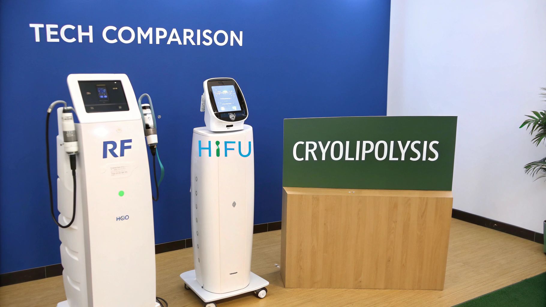 Three body contouring machines: RF, HIFU, and Cryolipolysis, showcased for technology comparison.