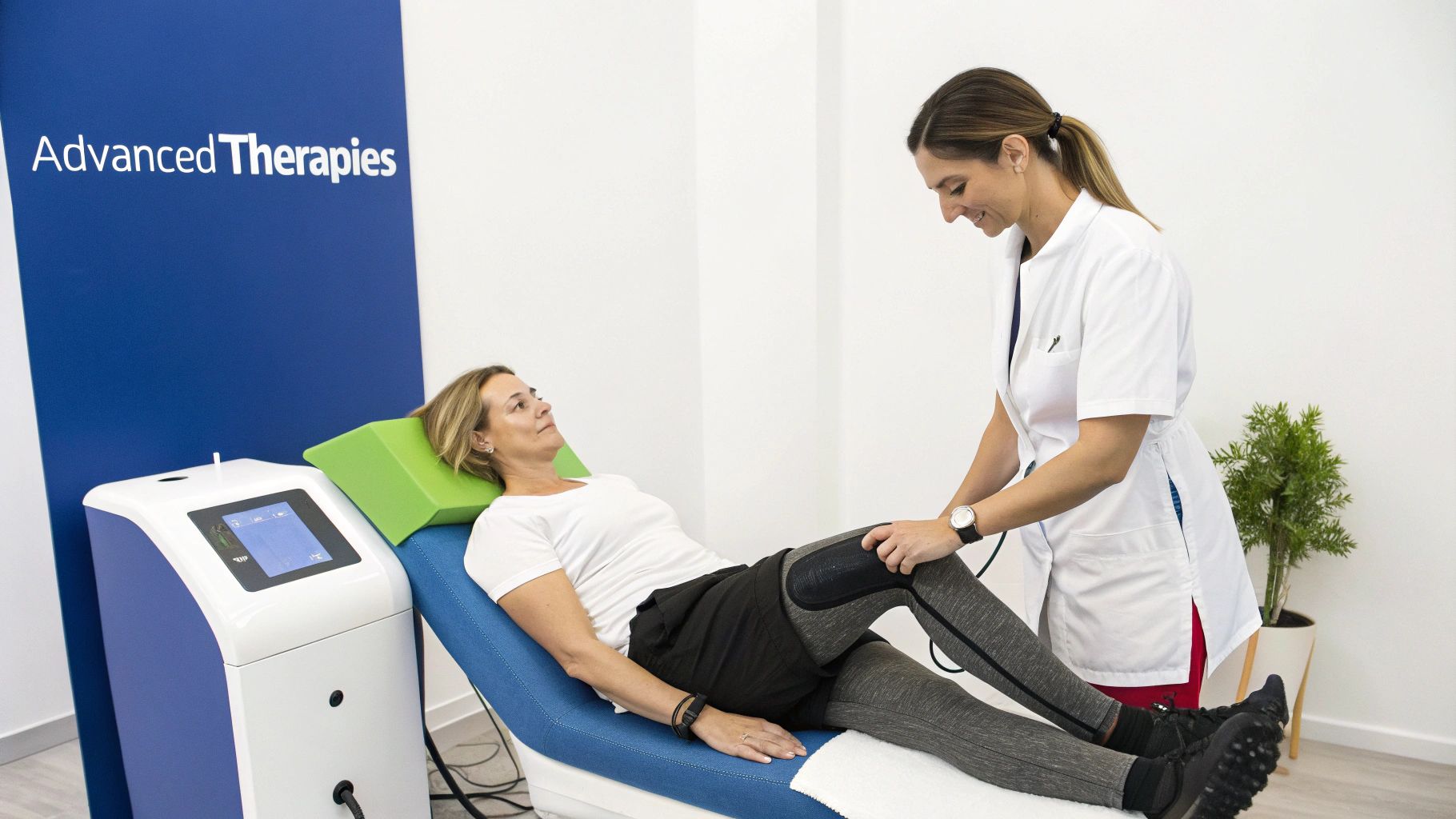 A female therapist administers leg therapy to a woman lying on a treatment bed in a modern clinic.