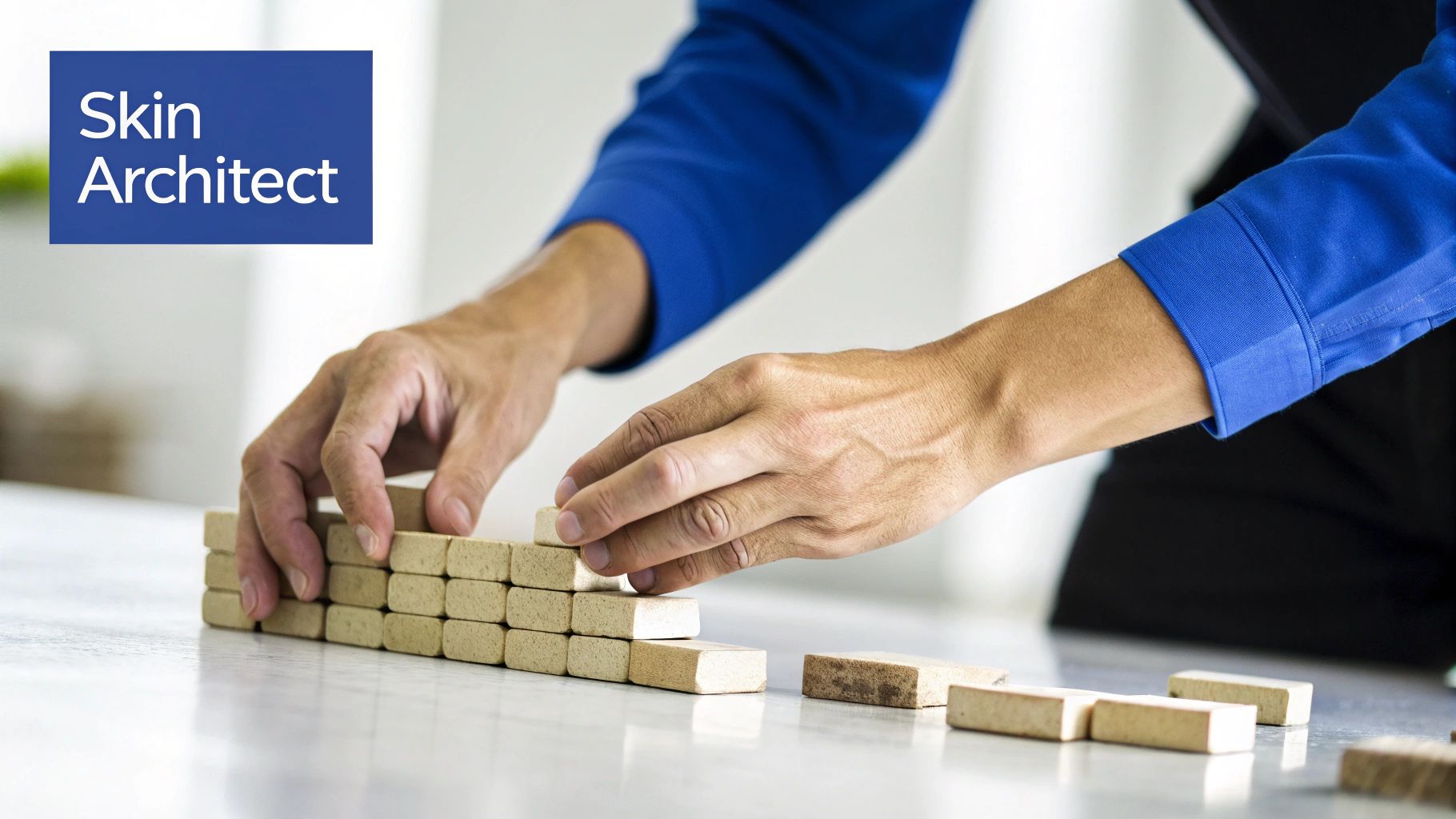 A person in a blue shirt meticulously stacking small beige blocks to build a structure.