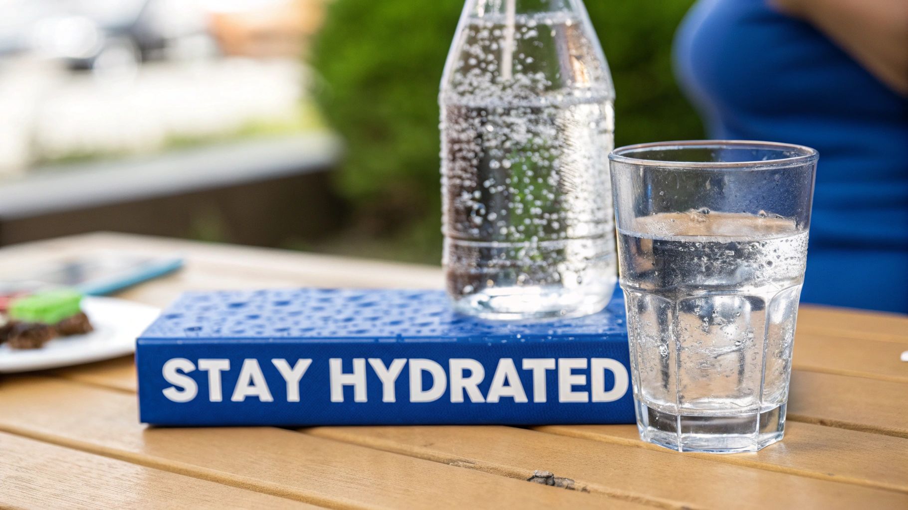 A glass of water, a bottle of sparkling water, and a 'STAY HYDRATED' box on a wooden table.