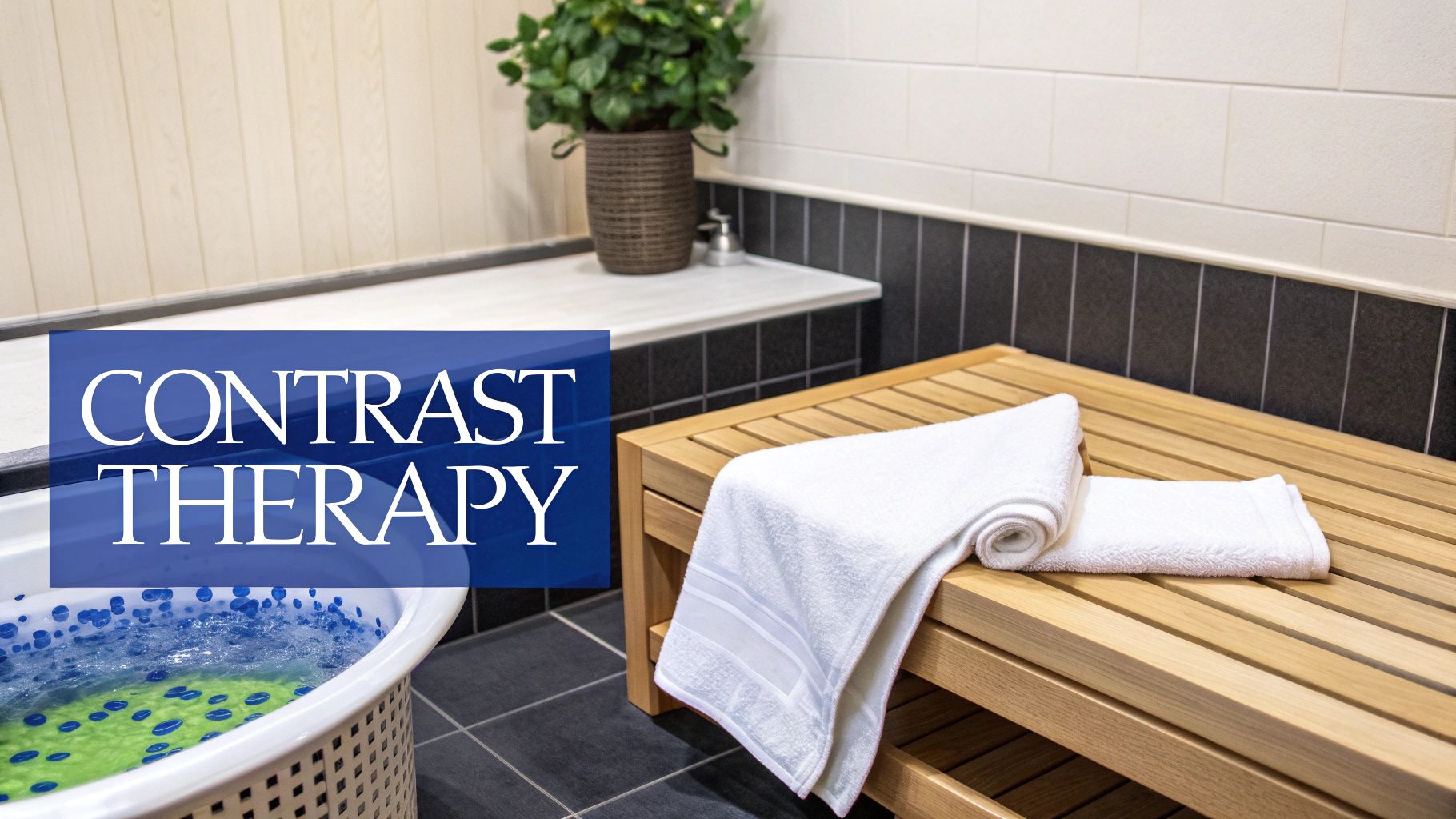 A modern spa room set up for contrast therapy, featuring a foot bath, wooden bench, and fresh towels.