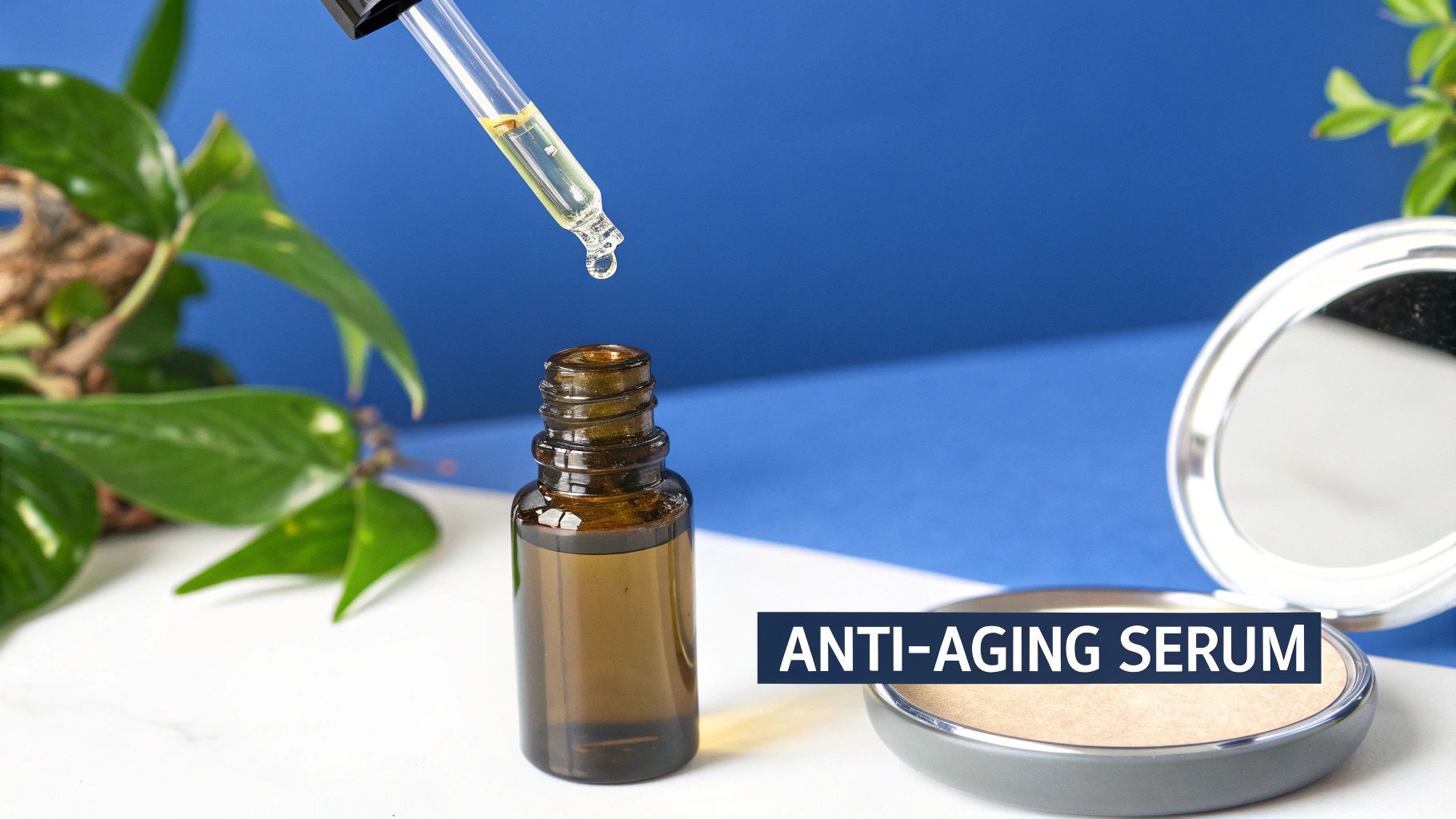 A dropper dispenses anti-aging serum into a brown bottle, with green plants and a mirror on a blue background.
