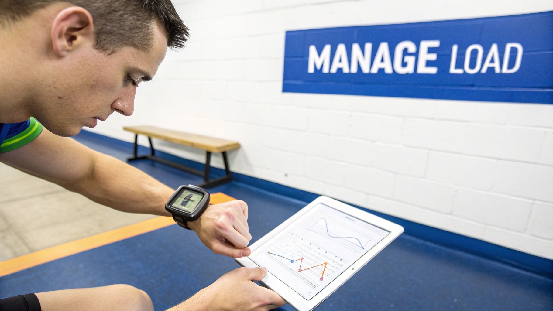 Athlete checking performance data on a tablet and smartwatch, under a 'MANAGE LOAD' sign.