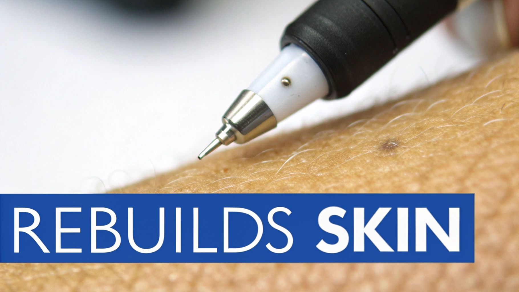 A close-up of a microneedling device with a small needle tip touching human skin, with 'REBUILDS SKIN' text.