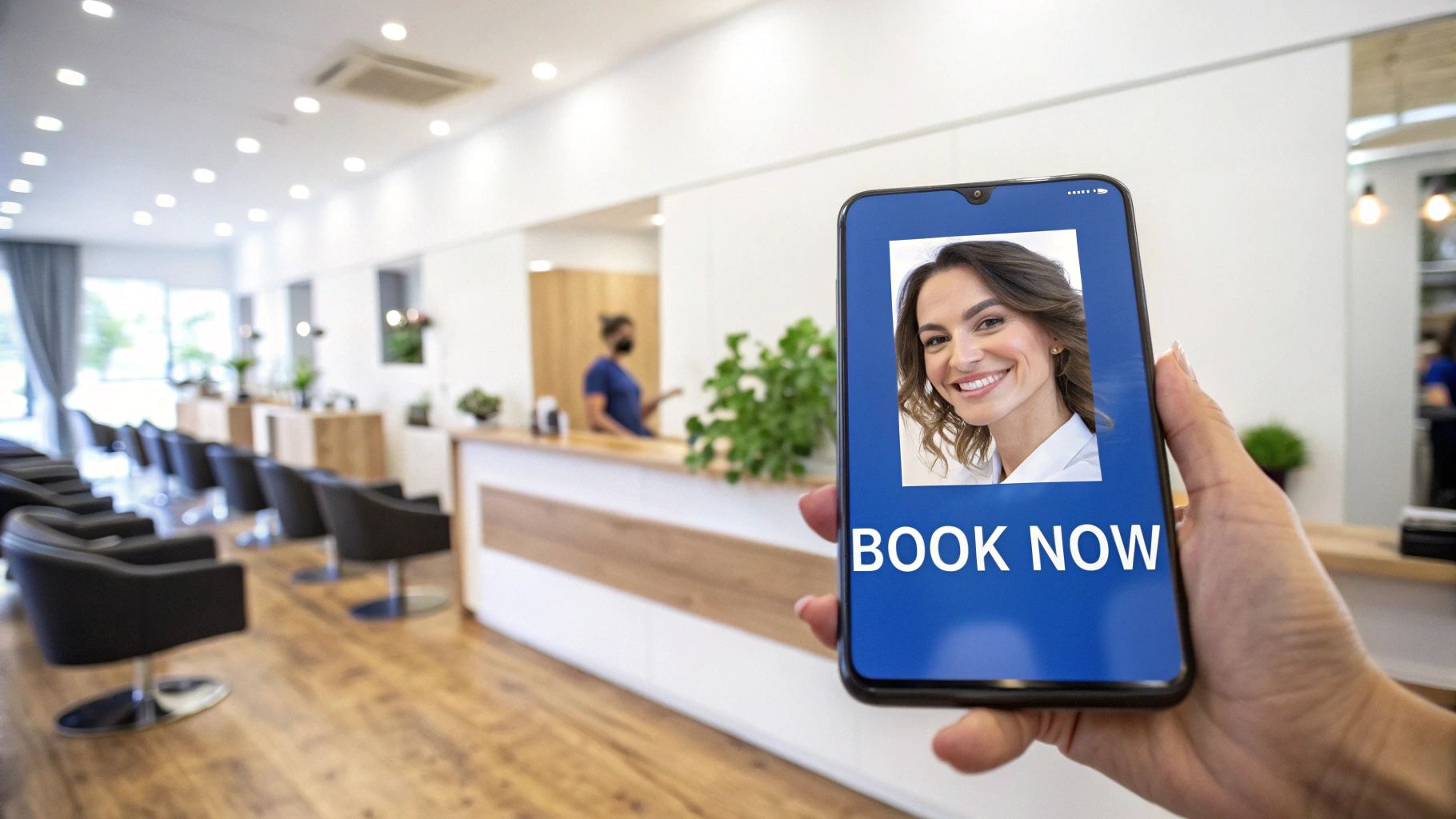A hand holds a smartphone displaying a 'BOOK NOW' button with a smiling woman, inside a modern beauty salon.