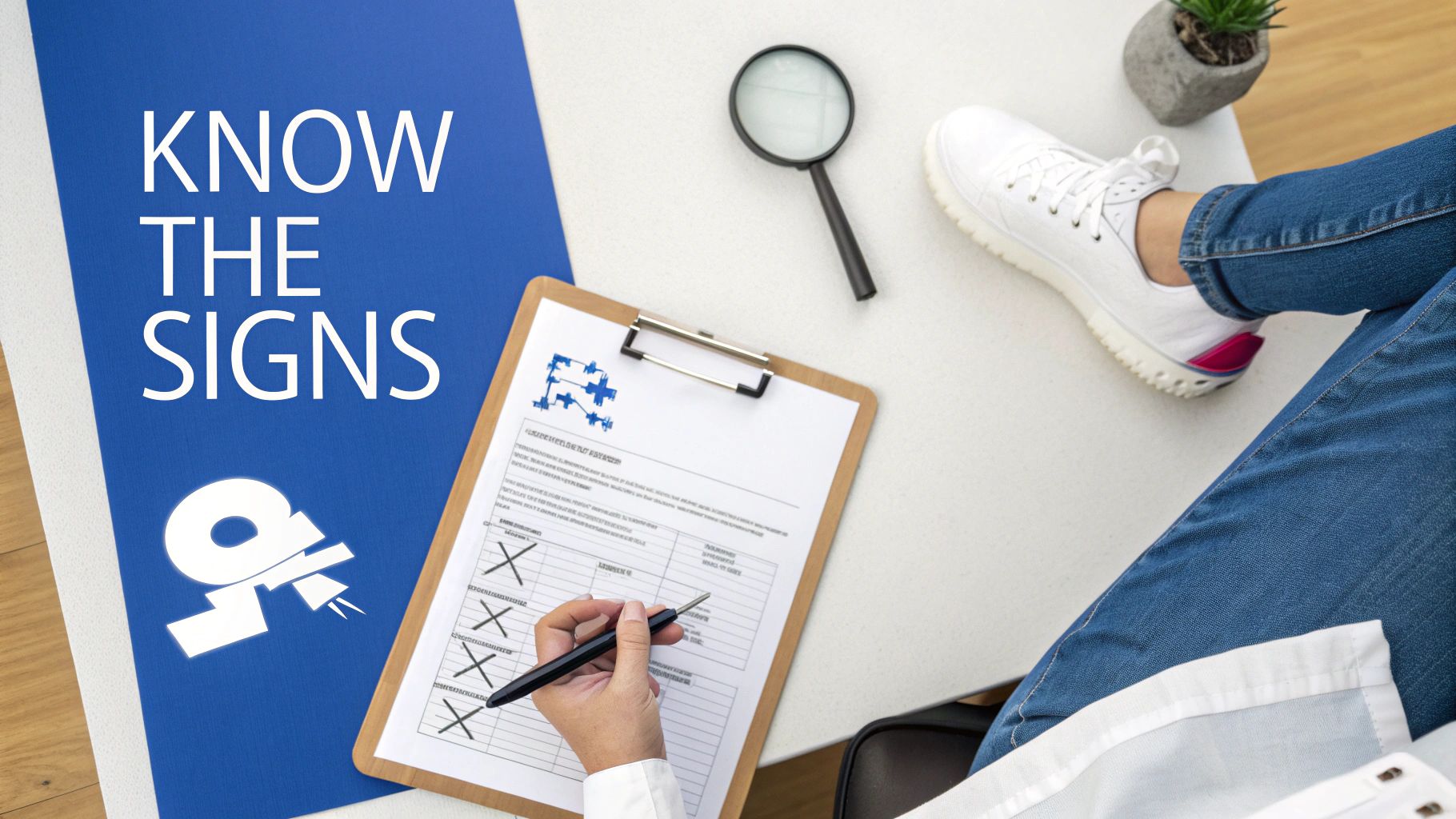 Overhead view of a person checking a form, next to a 'KNOW THE SIGNS' poster and magnifying glass.