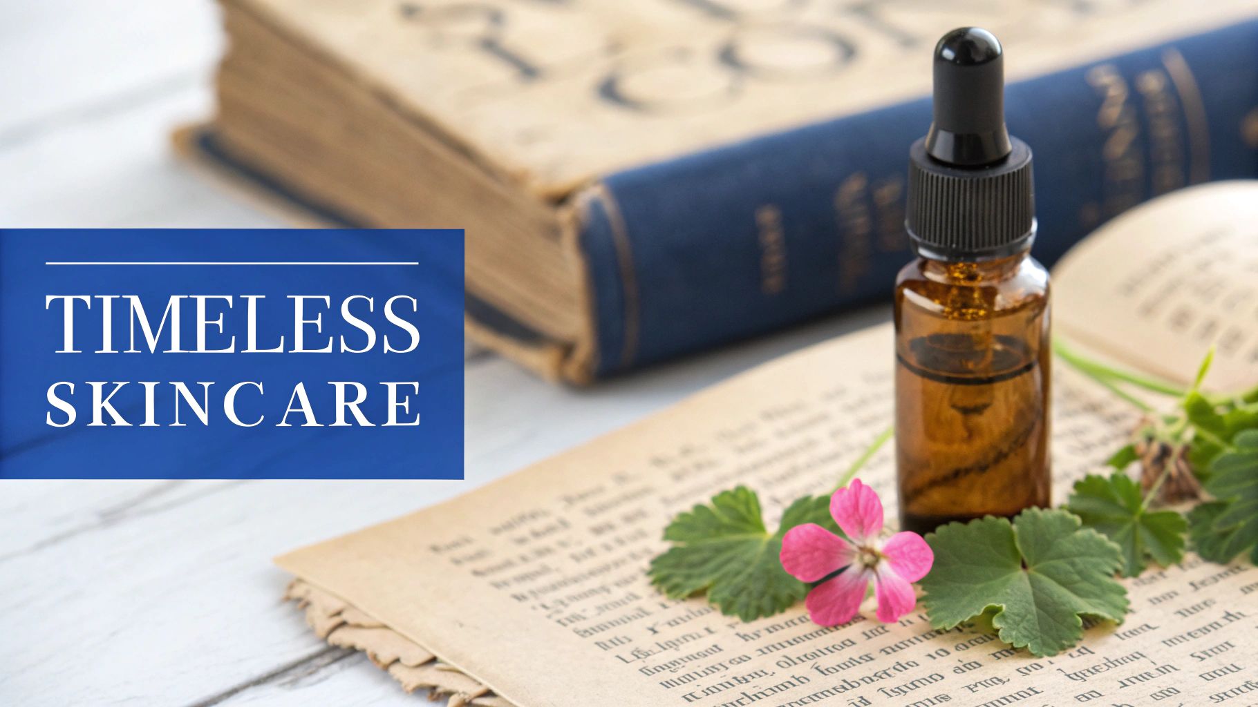 A brown dropper bottle, pink flower, and green leaves on an old book, with 'Timeless Skincare' text.