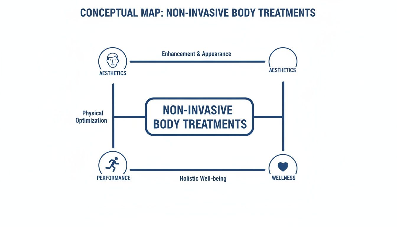 Conceptual map illustrating non-invasive body treatments linked to aesthetics, performance, and wellness categories.