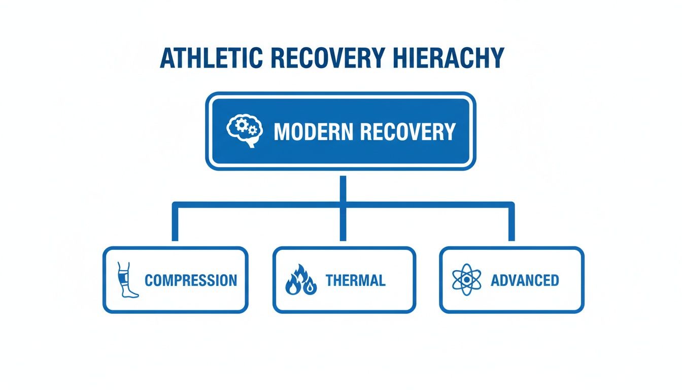 A hierarchy diagram illustrating modern athletic recovery methods including compression, thermal, and advanced techniques.