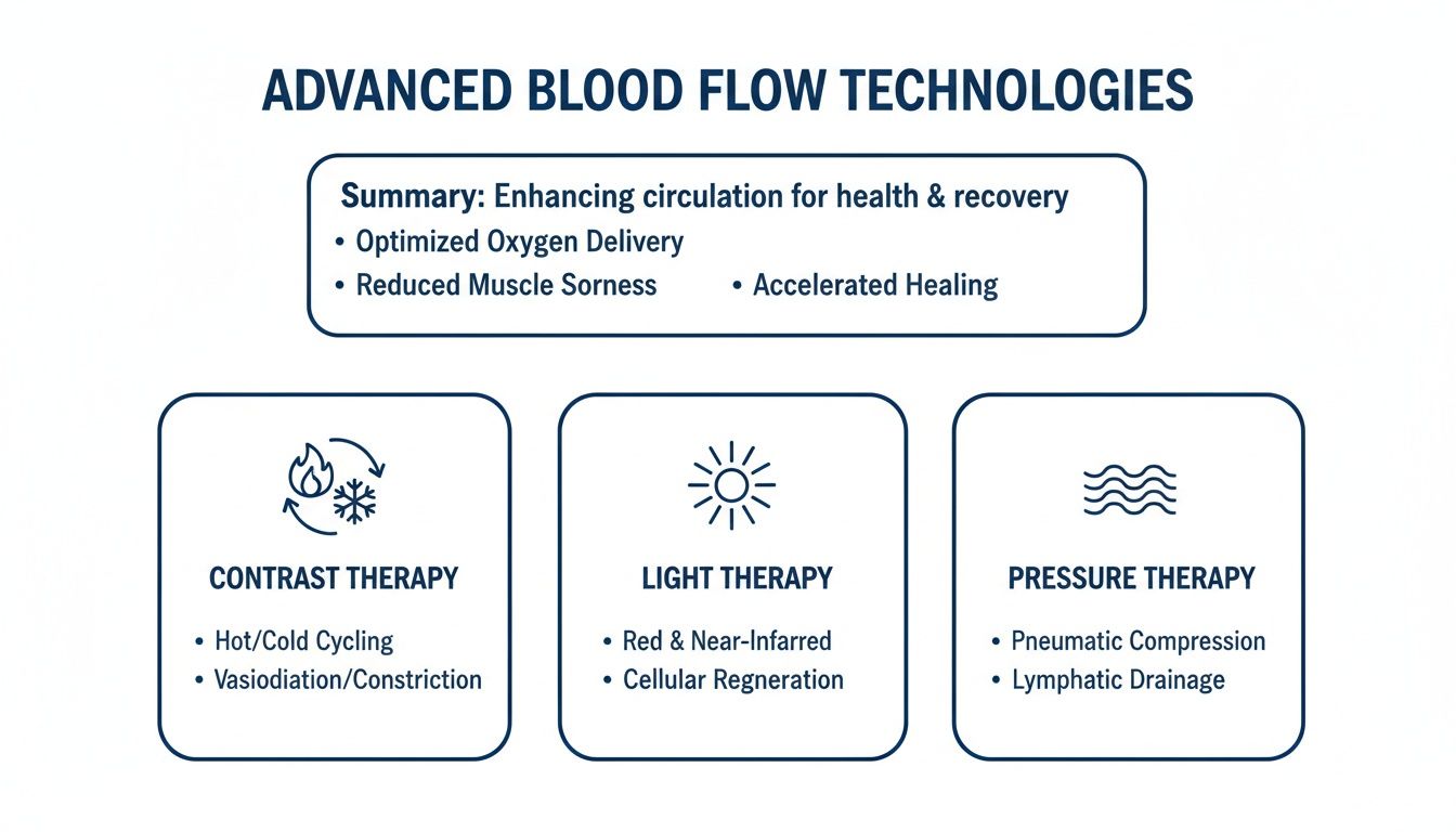 Advanced blood flow technologies including contrast, light, and pressure therapies for health and recovery benefits.