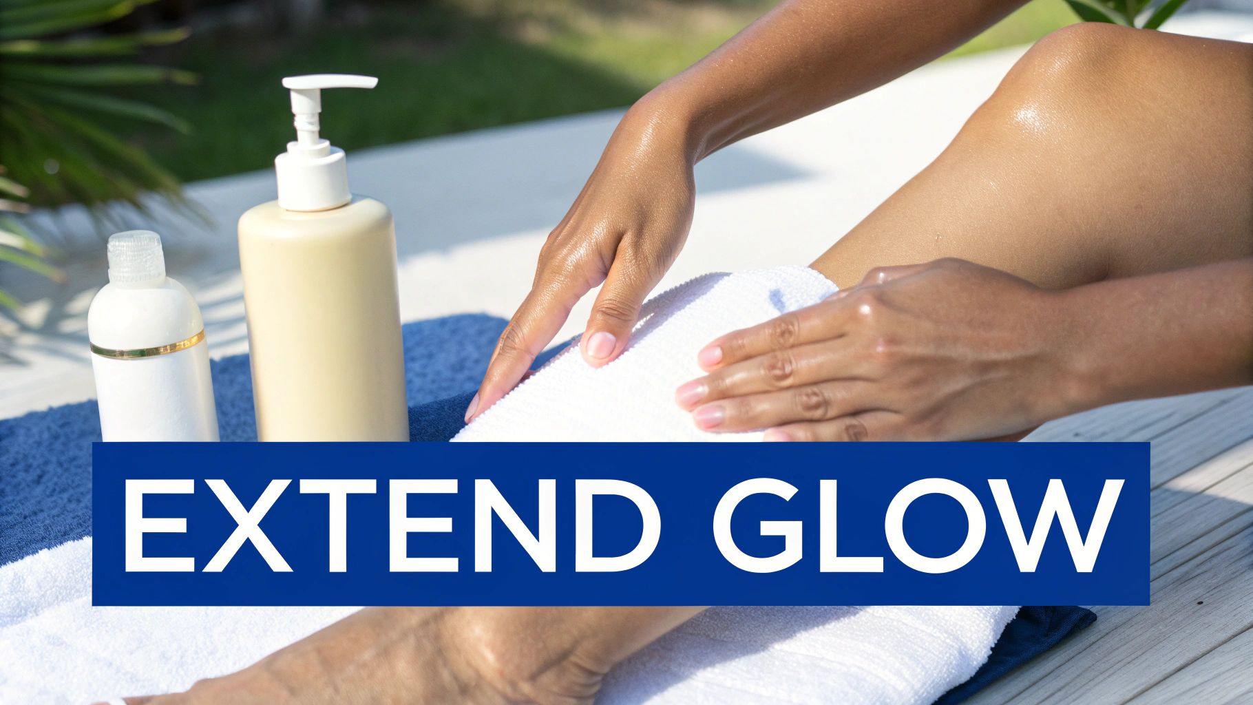A person's hands apply lotion to their shiny leg outdoors, with two product bottles and a towel.
