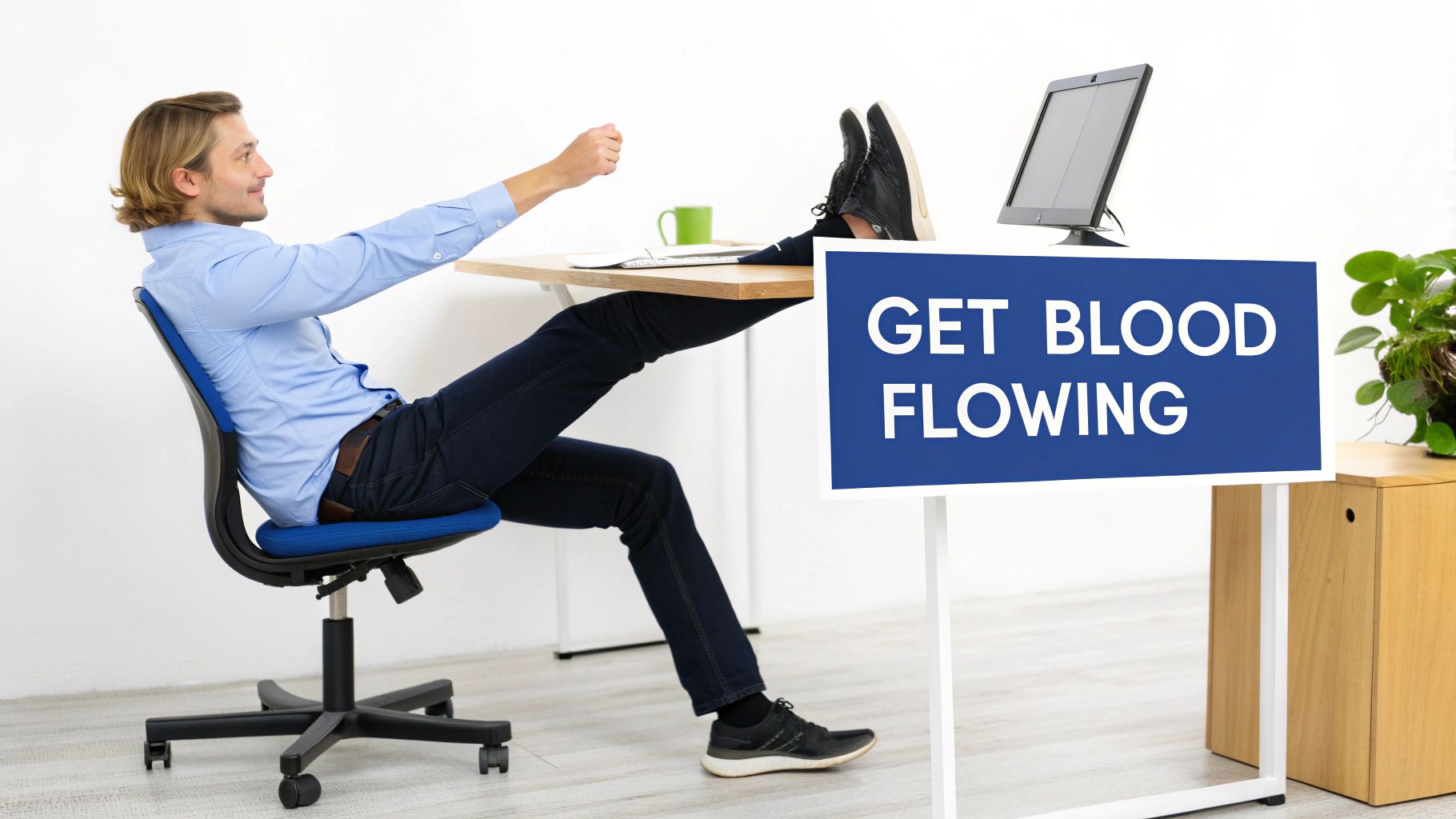 A man with long hair lounging at an office desk with feet up, next to a "GET BLOOD FLOWING" sign.