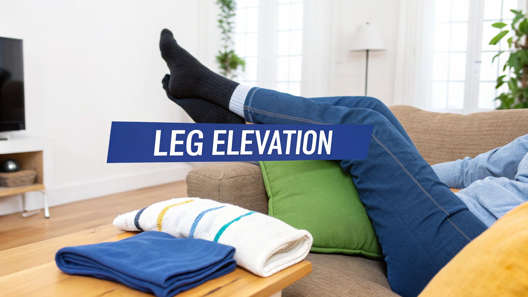 A person lying on a couch with elevated legs, demonstrating a leg elevation technique.