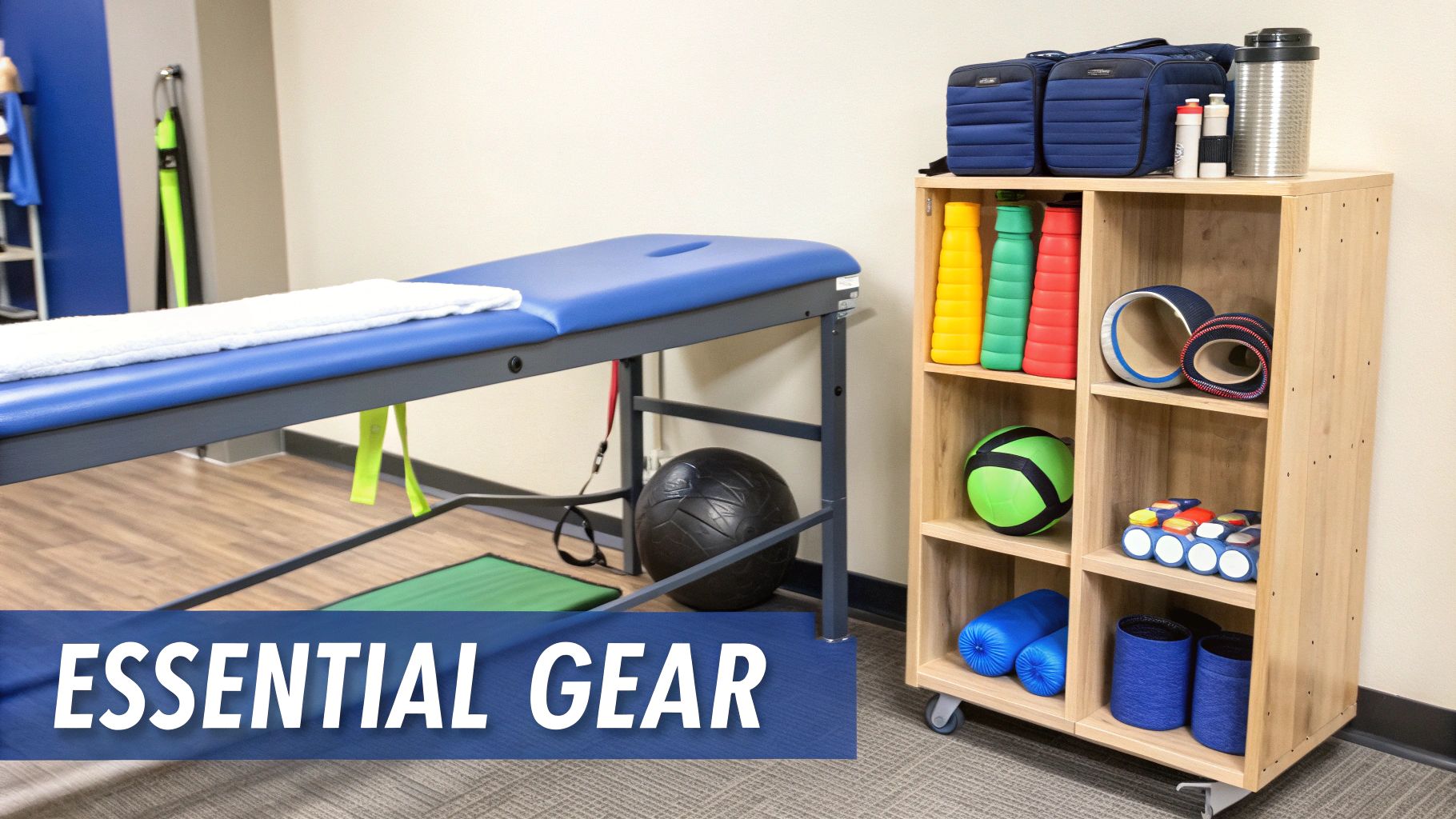 Modern athletic training room featuring a blue treatment table and shelves stocked with diverse rehabilitation equipment.