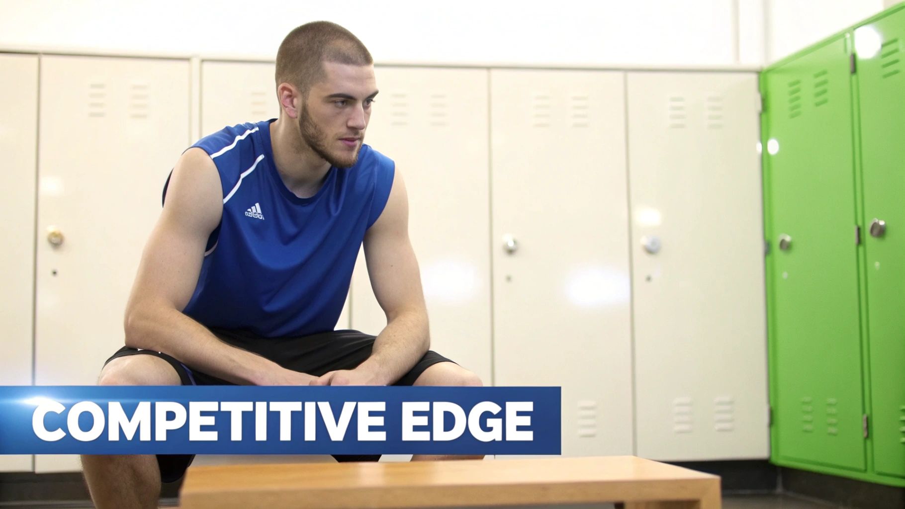 A focused male athlete in a blue Adidas tank top sitting in a locker room.