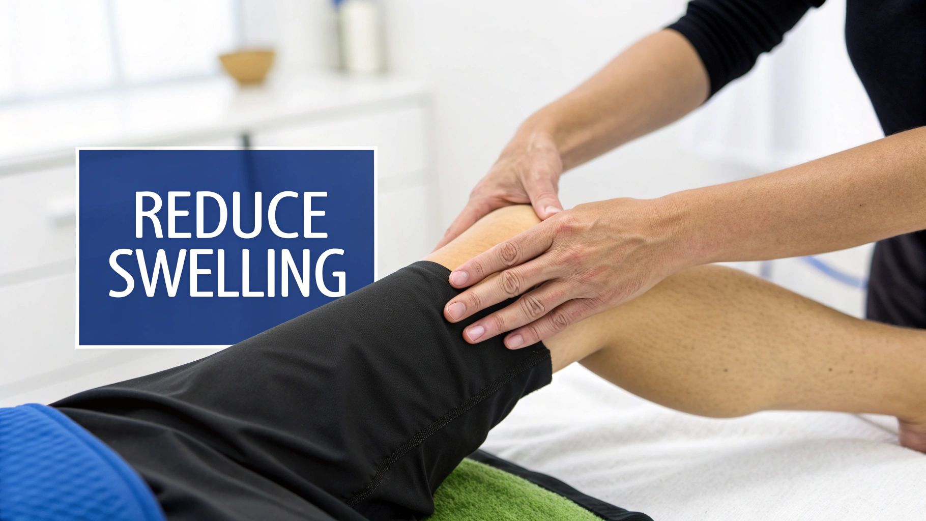 A therapist's hands gently massaging a person's leg, with an overlay text "REDUCE SWELLING".