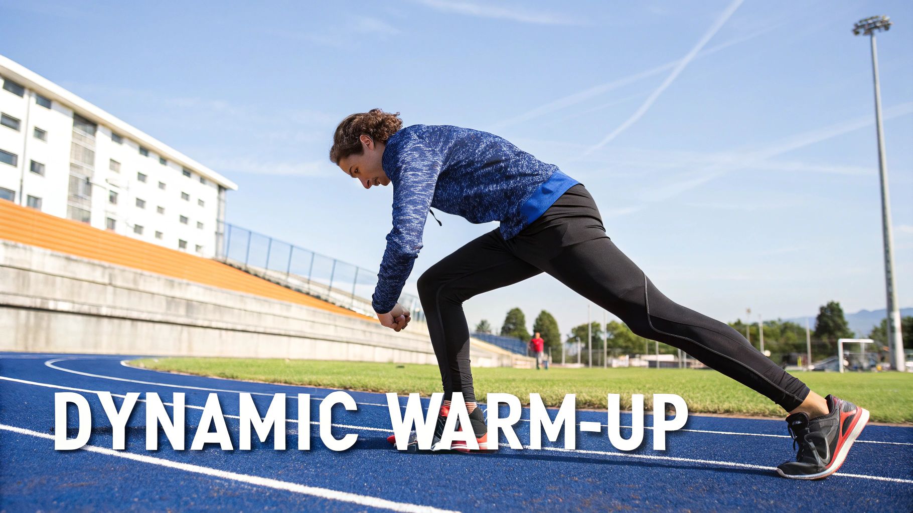 A person in athletic wear doing a lunge stretch on a blue running track, signifying a dynamic warm-up outdoors.
