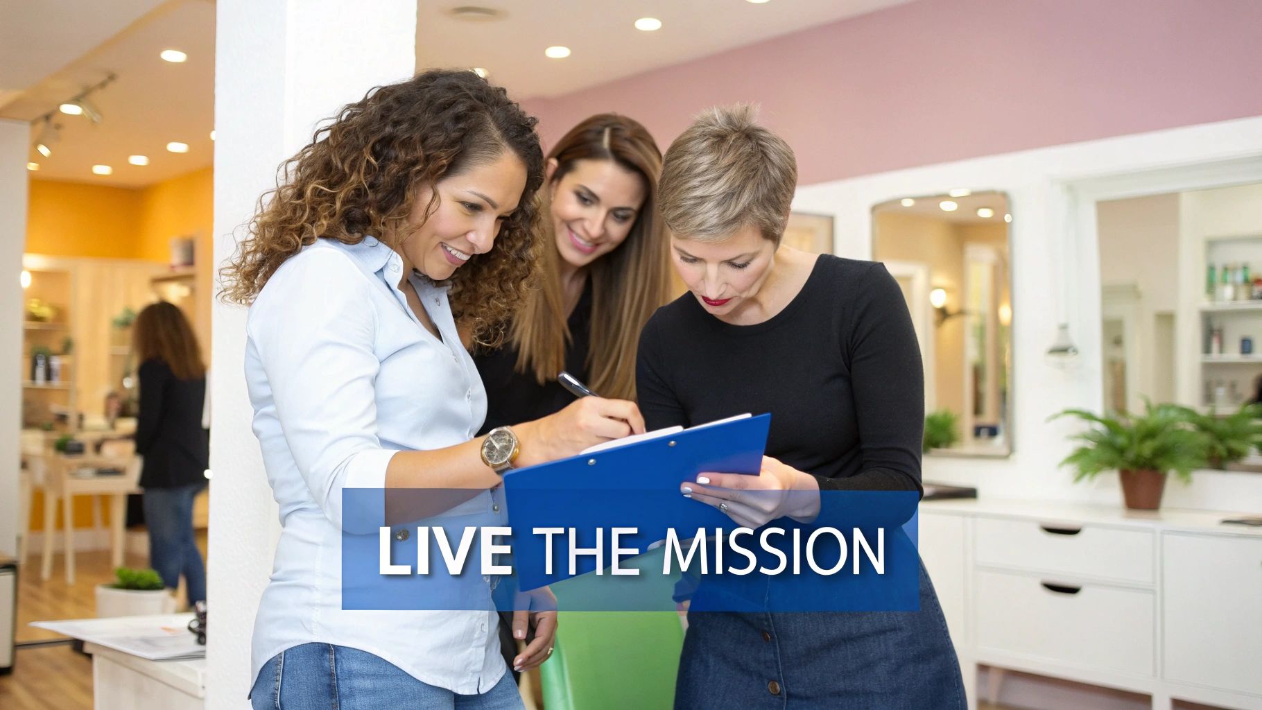 Three smiling women, likely salon owners or staff, review notes on a clipboard, engaging in a team discussion.