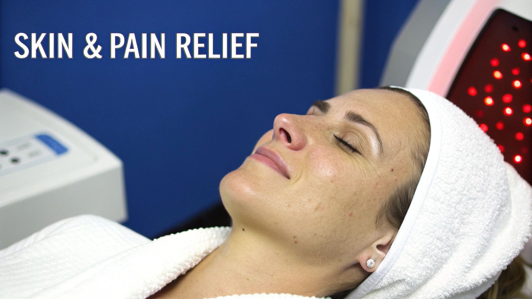 Relaxed woman receiving infrared light therapy for skin and pain relief in a serene setting.