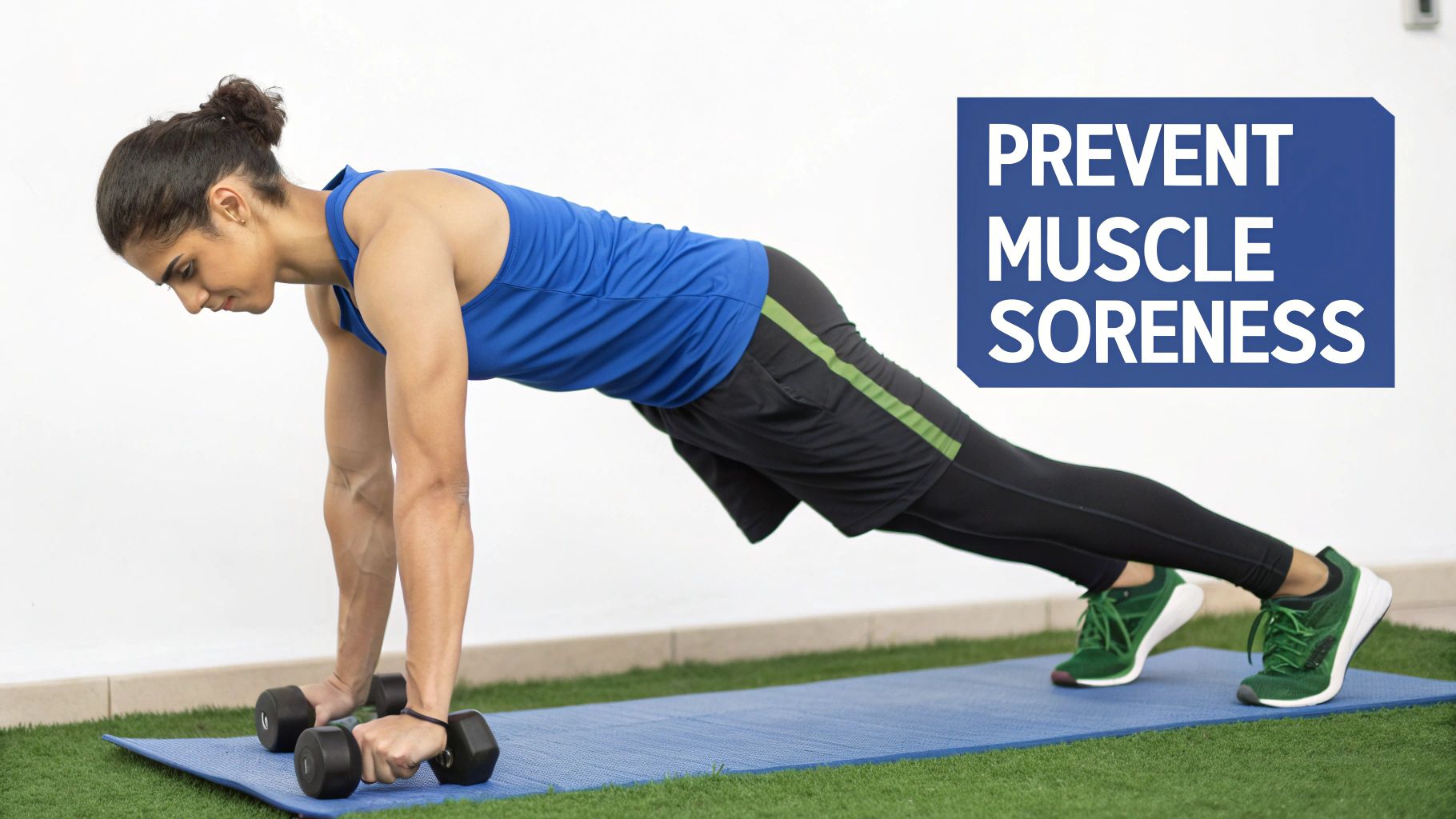 A fit woman performs a dumbbell plank exercise on a mat, demonstrating a workout to prevent muscle soreness.