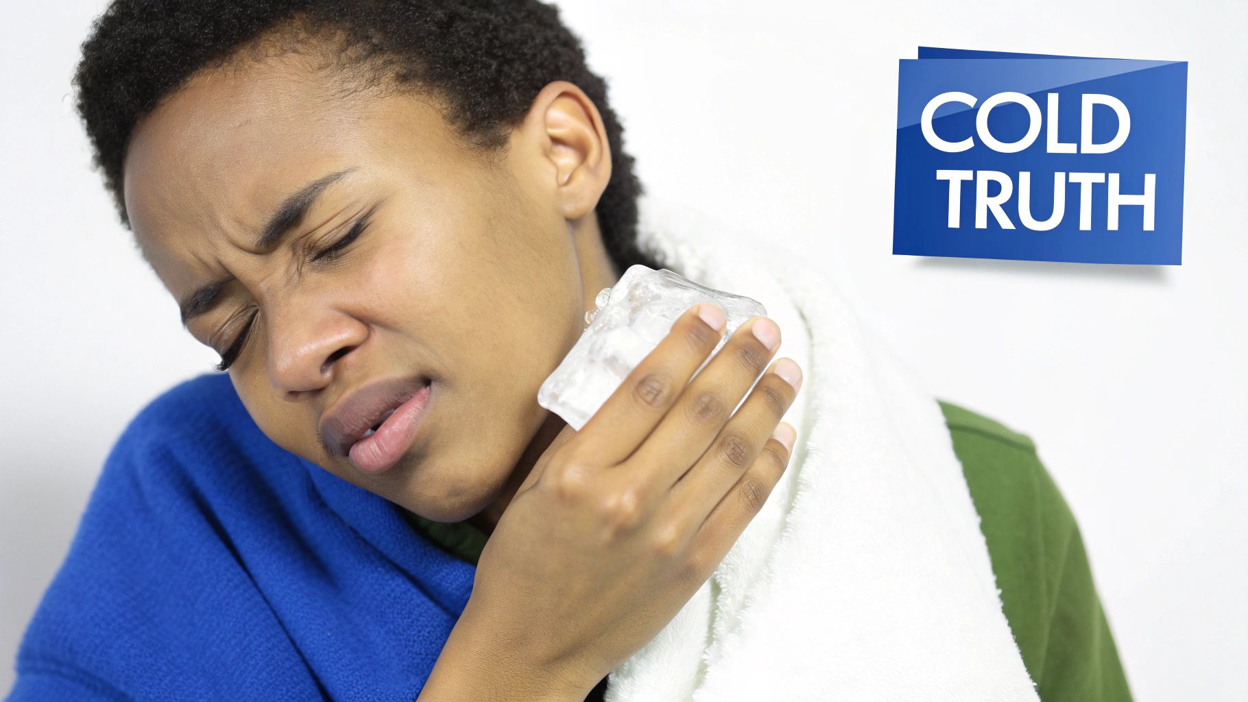 A person with short dark hair applies ice to their jaw, wincing in pain, with a 'COLD TRUTH' logo.