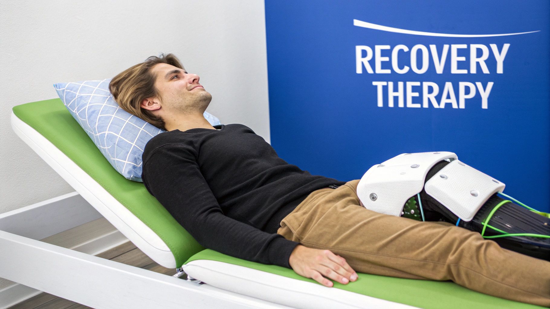 A man lies on a green therapy bed with a leg recovery device, smiling under a "Recovery Therapy" banner.