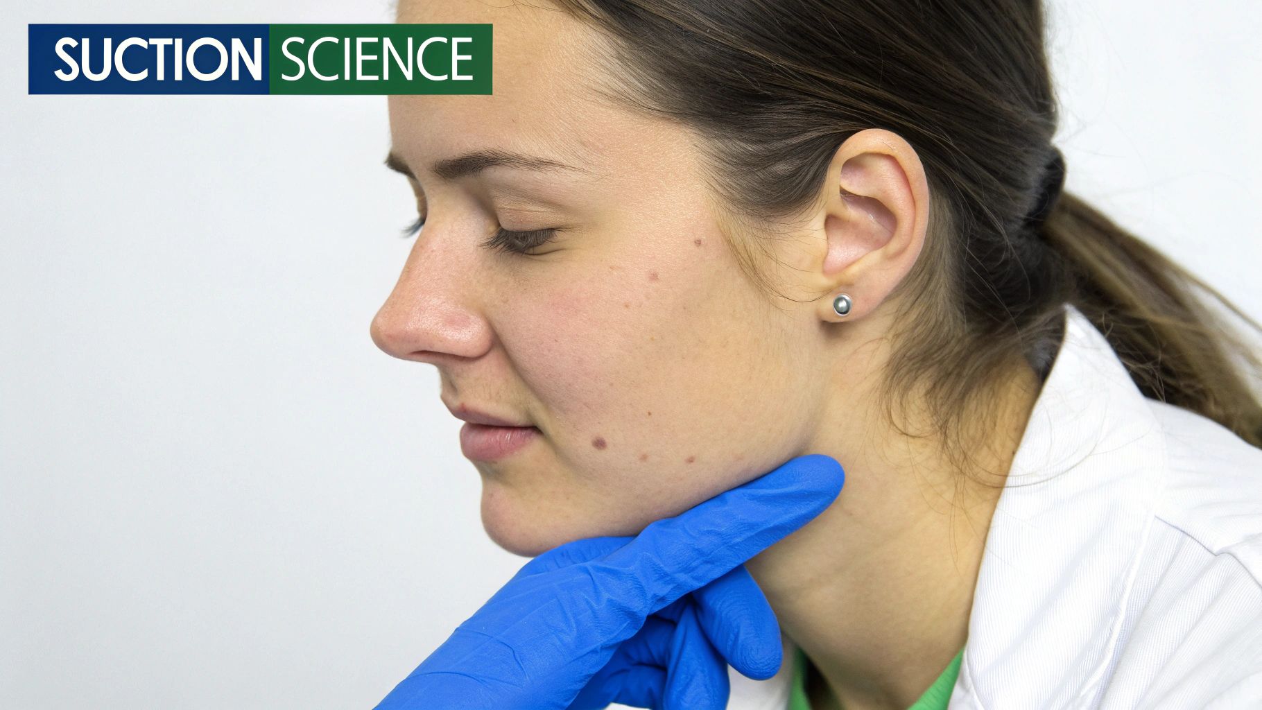 Profile of a woman's face, a gloved hand gently touches her chin during skin assessment.
