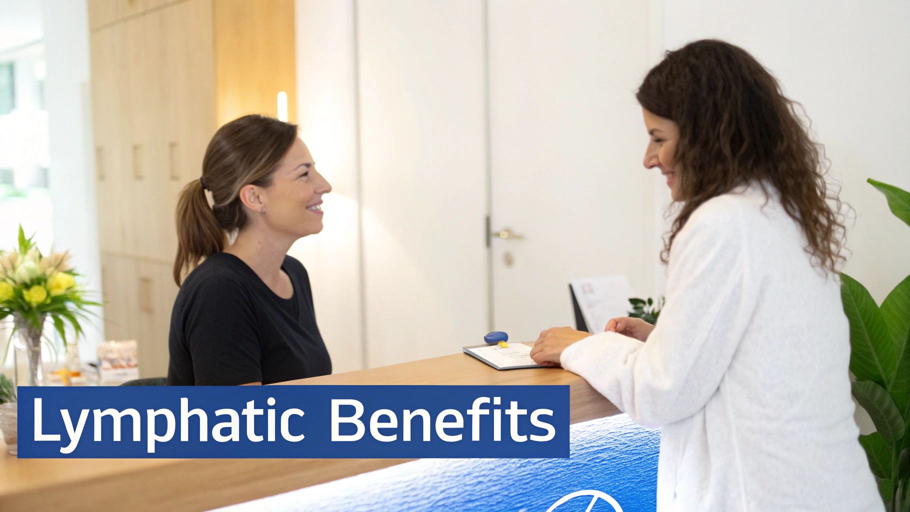 Two smiling women interact at a bright clinic reception desk, possibly discussing lymphatic benefits.