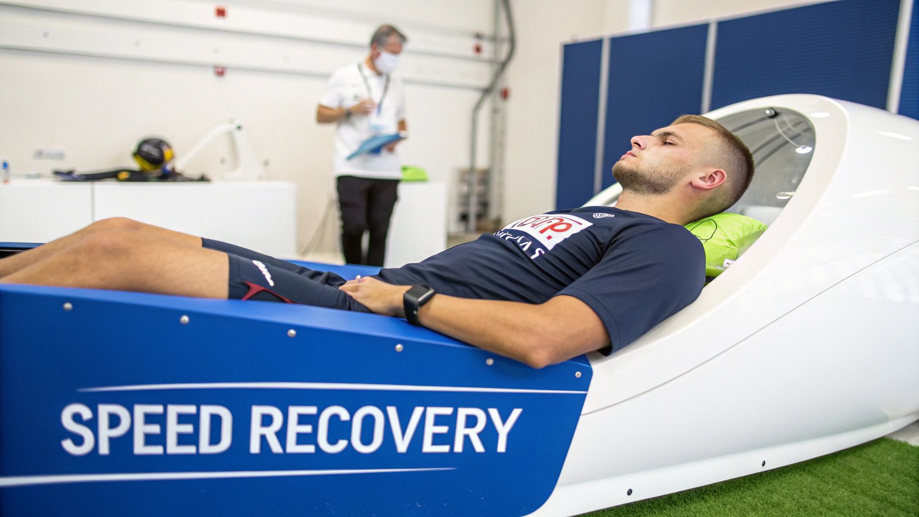 A male athlete rests in a high-tech "Speed Recovery" machine with a masked observer in the background.