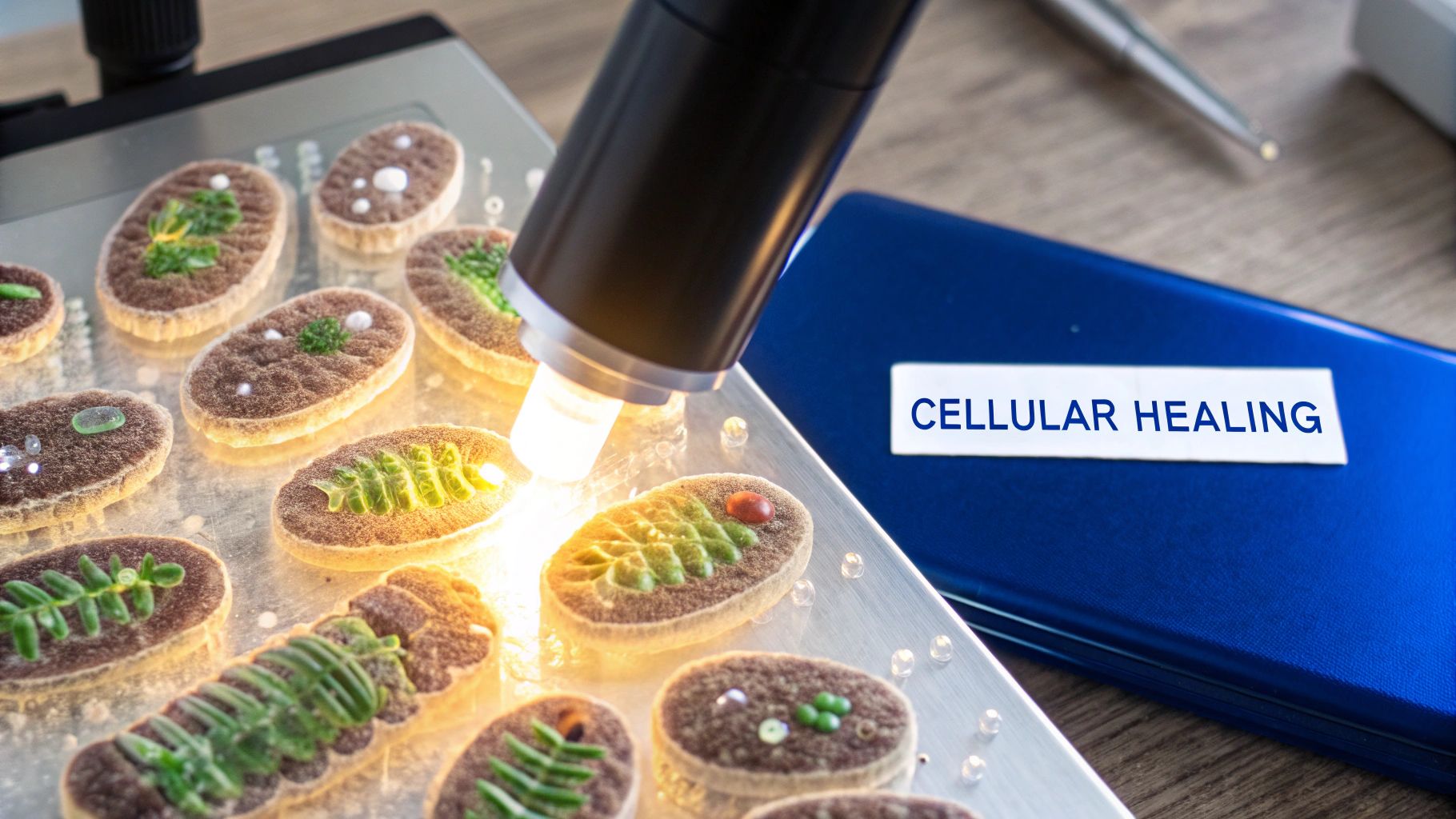 A microscope-like device illuminates various cell models on a clear surface, with a 'CELLULAR HEALING' label nearby.