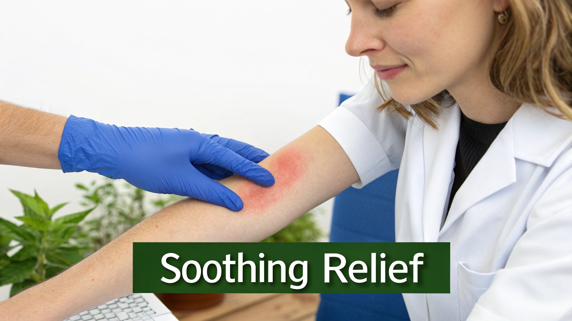 A gloved hand examines a red, irritated skin rash on a patient's arm for soothing relief.
