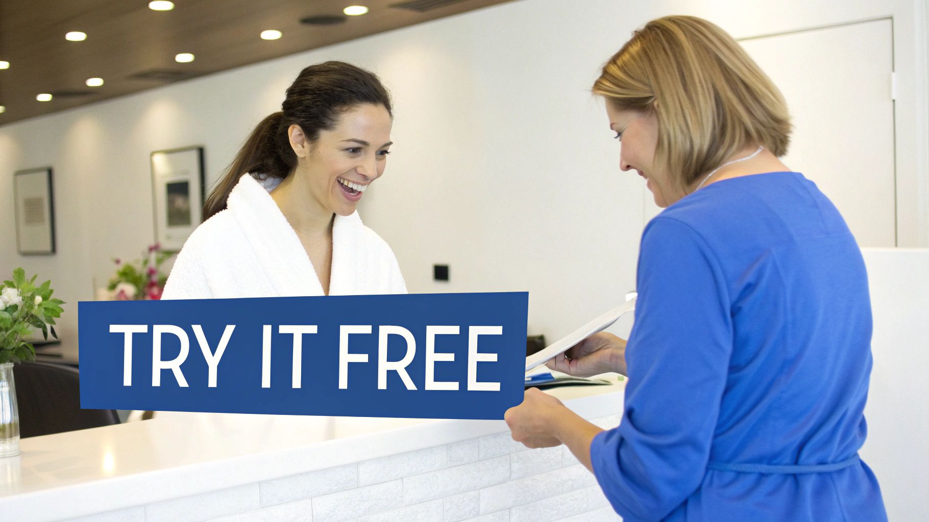 Smiling woman in bathrobe interacting with a receptionist at a spa or salon reception desk, with 'Try It Free' overlay.