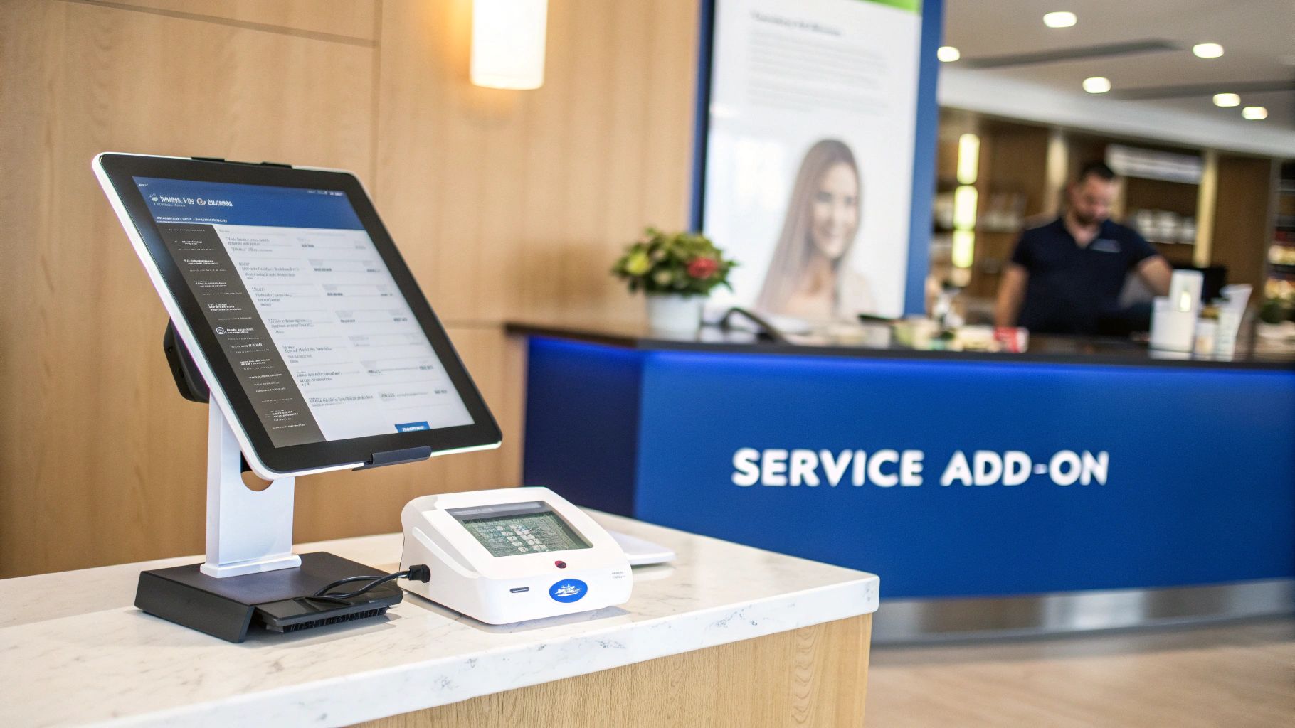A modern service counter with a tablet display and a payment device, featuring a "SERVICE ADD-ON" sign.